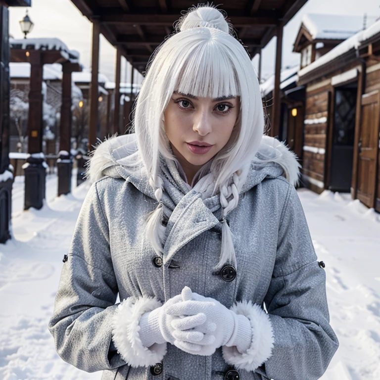 Lady Gagá in the snow dressed in a coat