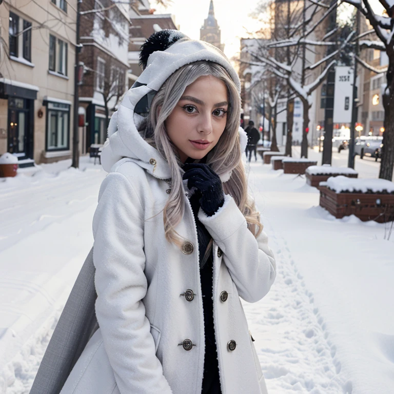 Lady Gagá in the snow dressed in a coat