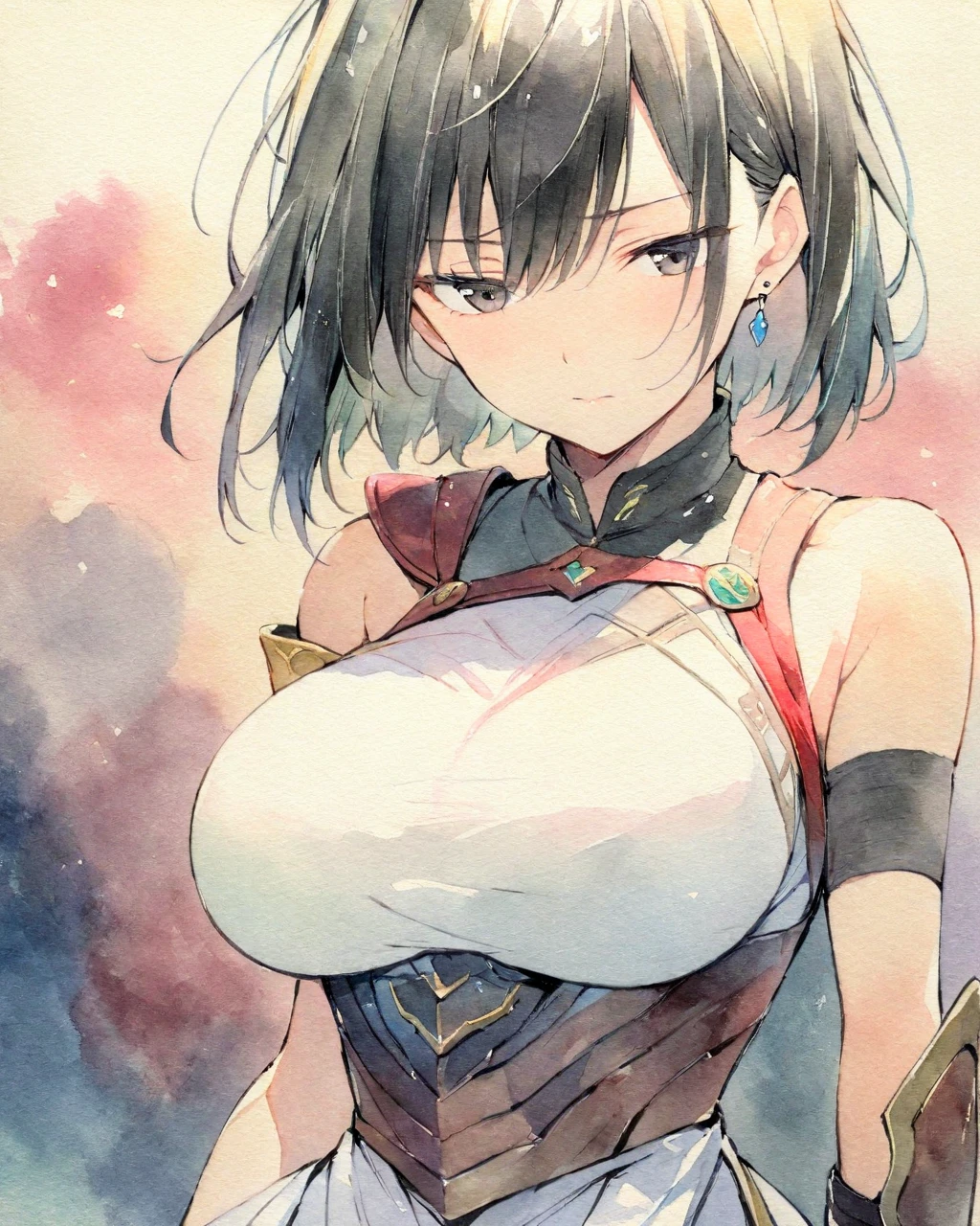 masterpiece, best quality, watercolor (medium), 1 girl, breast, alone, short hair, split, Red and black hair, black eyes, earrings, Bangs, jewelry, skirt, bare shoulders, sleeveless, hair between eyes, 单pauldron, looking at the audience, large breast, armor, shoulder armor, sleeveless skirt, Upper body, single sleeve, white skirt, pauldron, 