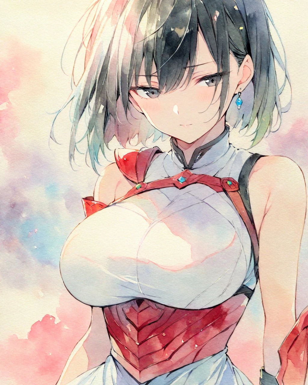 masterpiece, best quality, watercolor (medium), 1 girl, ??????, alone, short hair, split, Red and black hair, black eyes, earrings, Bangs, jewelry, skirt, ???? shoulders, sleeveless, hair between eyes, 单pauldron, looking at the audience, large ??????, armor, shoulder armor, sleeveless skirt, Upper body, single sleeve, white skirt, pauldron, 