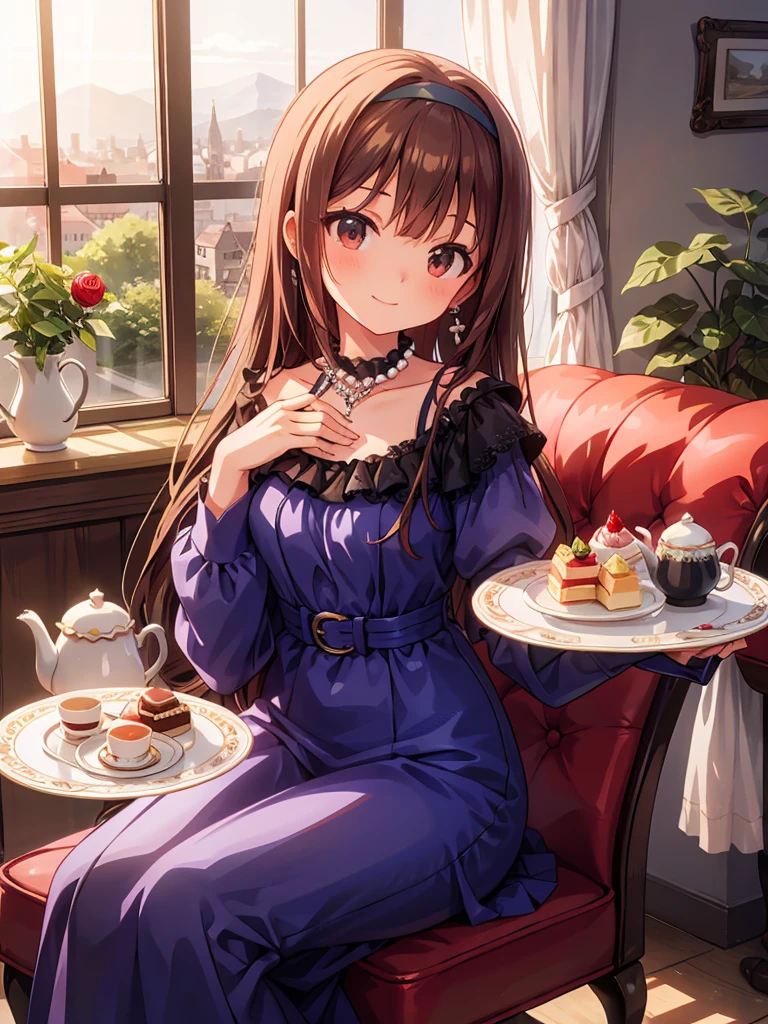 an anime-style young girl with brown hair and eyes. She is smiling gently, wearing a dark blue dress with ruffles and lace, adorned with pearls and a ribbon around her neck. Her attire is accented with a headband that features a rose and a bow, mirroring the color scheme of her dress. She is sitting in front of a decadent afternoon tea spread, rich in detail. The table holds an assortment of sweets including tarts topped with strawberries and blueberries, scones, and a tart decorated with a mountain of strawberries on a cake stand. A tiered serving tray displays more pastries, alongside elegant tea service items such as a teapot, cups, and saucers which exude a vintage charm. The setting has a warm, glowing ambiance, with sunlight filtering through a window, casting soft light across the scene. In the background, we can see a garden through the window, suggesting the room is bathed in natural light. The atmosphere is luxurious and cozy, inviting one to partake in the tea party.