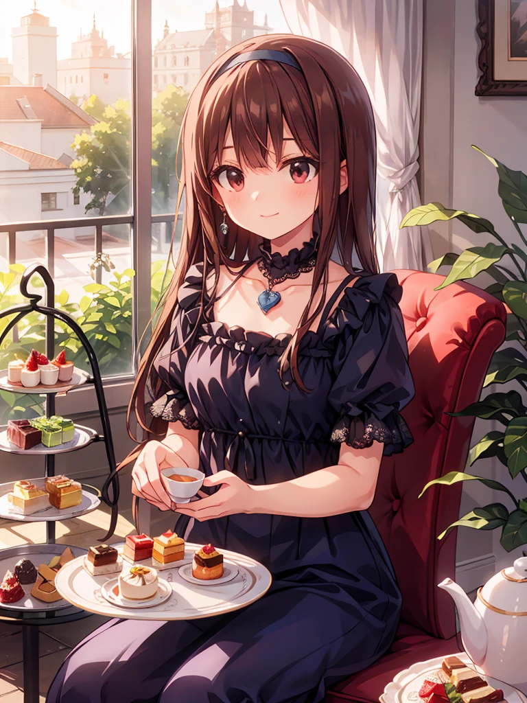 an anime-style young girl with brown hair and eyes. She is smiling gently, wearing a dark blue dress with ruffles and lace, adorned with pearls and a ribbon around her neck. Her attire is accented with a headband that features a rose and a bow, mirroring the color scheme of her dress. She is sitting in front of a decadent afternoon tea spread, rich in detail. The table holds an assortment of sweets including tarts topped with strawberries and blueberries, scones, and a tart decorated with a mountain of strawberries on a cake stand. A tiered serving tray displays more pastries, alongside elegant tea service items such as a teapot, cups, and saucers which exude a vintage charm. The setting has a warm, glowing ambiance, with sunlight filtering through a window, casting soft light across the scene. In the background, we can see a garden through the window, suggesting the room is bathed in natural light. The atmosphere is luxurious and cozy, inviting one to partake in the tea party.