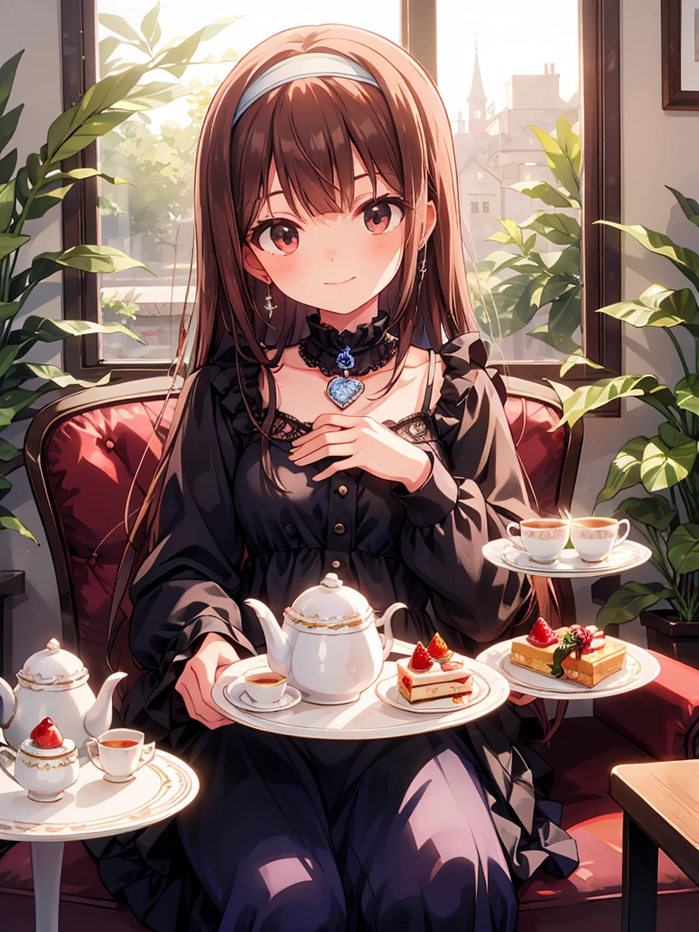 an anime-style young girl with brown hair and eyes. She is smiling gently, wearing a dark blue dress with ruffles and lace, adorned with pearls and a ribbon around her neck. Her attire is accented with a headband that features a rose and a bow, mirroring the color scheme of her dress. She is sitting in front of a decadent afternoon tea spread, rich in detail. The table holds an assortment of sweets including tarts topped with strawberries and blueberries, scones, and a tart decorated with a mountain of strawberries on a cake stand. A tiered serving tray displays more pastries, alongside elegant tea service items such as a teapot, cups, and saucers which exude a vintage charm. The setting has a warm, glowing ambiance, with sunlight filtering through a window, casting soft light across the scene. In the background, we can see a garden through the window, suggesting the room is bathed in natural light. The atmosphere is luxurious and cozy, inviting one to partake in the tea party.