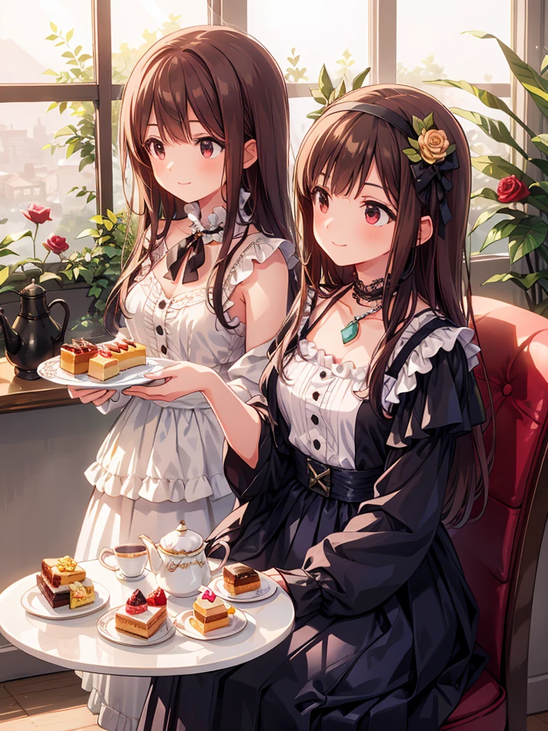 an anime-style young girl with brown hair and eyes. She is smiling gently, wearing a dark blue dress with ruffles and lace, adorned with pearls and a ribbon around her neck. Her attire is accented with a headband that features a rose and a bow, mirroring the color scheme of her dress. She is sitting in front of a decadent afternoon tea spread, rich in detail. The table holds an assortment of sweets including tarts topped with strawberries and blueberries, scones, and a tart decorated with a mountain of strawberries on a cake stand. A tiered serving tray displays more pastries, alongside elegant tea service items such as a teapot, cups, and saucers which exude a vintage charm. The setting has a warm, glowing ambiance, with sunlight filtering through a window, casting soft light across the scene. In the background, we can see a garden through the window, suggesting the room is bathed in natural light. The atmosphere is luxurious and cozy, inviting one to partake in the tea party.