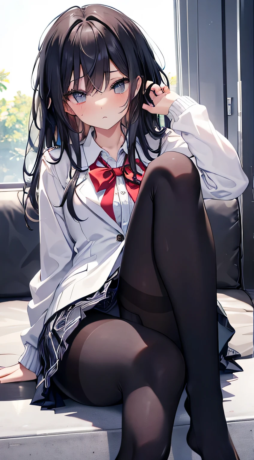 the best, masterpiece, HD, (whole body), frontal lobe, Symmetrical, mature high school girls, alone, (whole body from head to toe), small breasts, long hair, slightly messy hair，Black hair, (black leggings), ( (black pantyhose), black pantyhose, (composition where she is made to sit and lift her leg and make her leg open), composition Showing white panties, slender beautiful leg, a very pretty 17 year old girl (no shoes) leg), blush, shy big eyes, messy hair, looking at camera, Showing white panties, White ruffled underwear，I can see white panties, High School Suit Jacket, High school white shirt, high school with blue ribbon, High-end short plaid navy blue pleated skirt