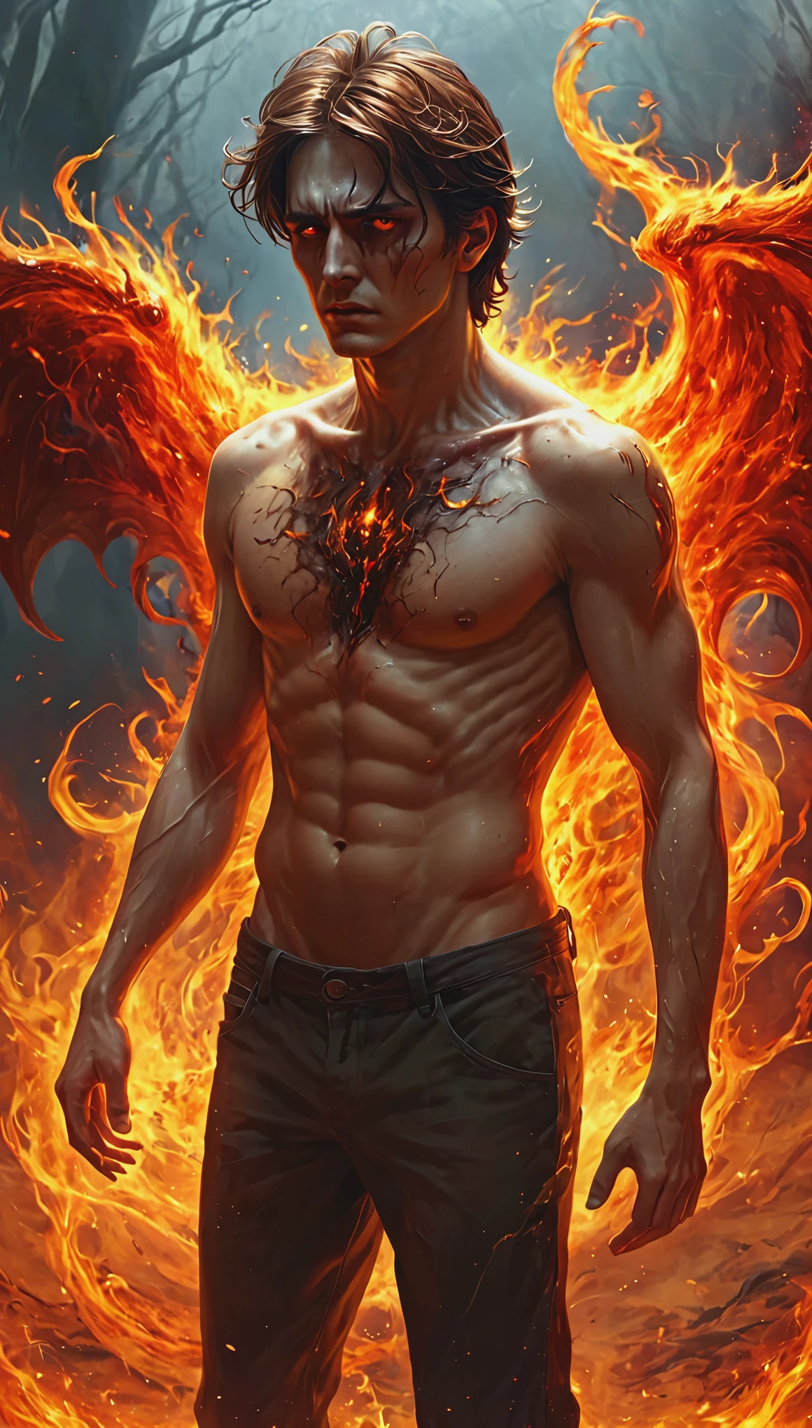 The guy with the brown hair, The spirit of hell consumes a person;soul, filling him with horror, Death and despair, full length