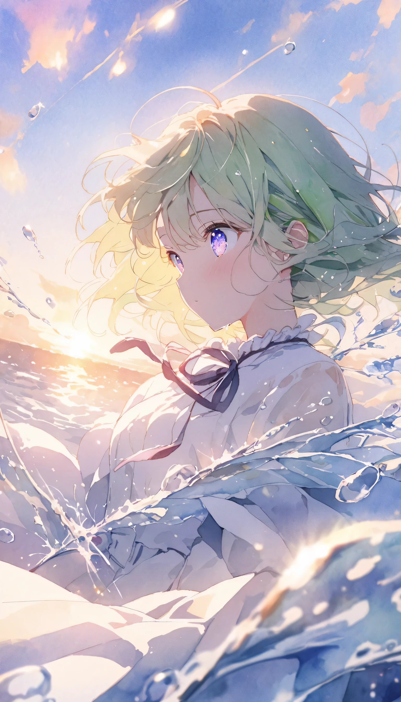 (highest quality、masterpiece、High resolution、detailed)(Shining eyes、detailed beautiful face:1.5),(1 girl),(dynamic pose),(multicoloredhead+silver hair:1.3+redhead:1.2+purple hair+yellow hair:1.3+green hair:1.3),(blue eyes),(neck ribbon),(floating),(cloud),(Too many droplets of water),(twilight),(watercolor),(wide shot)、(beautiful anime)