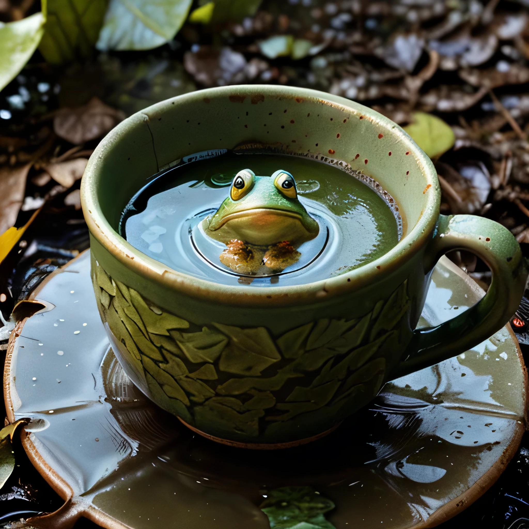 the cup is made of leaves, the frog is soaking in the cup,