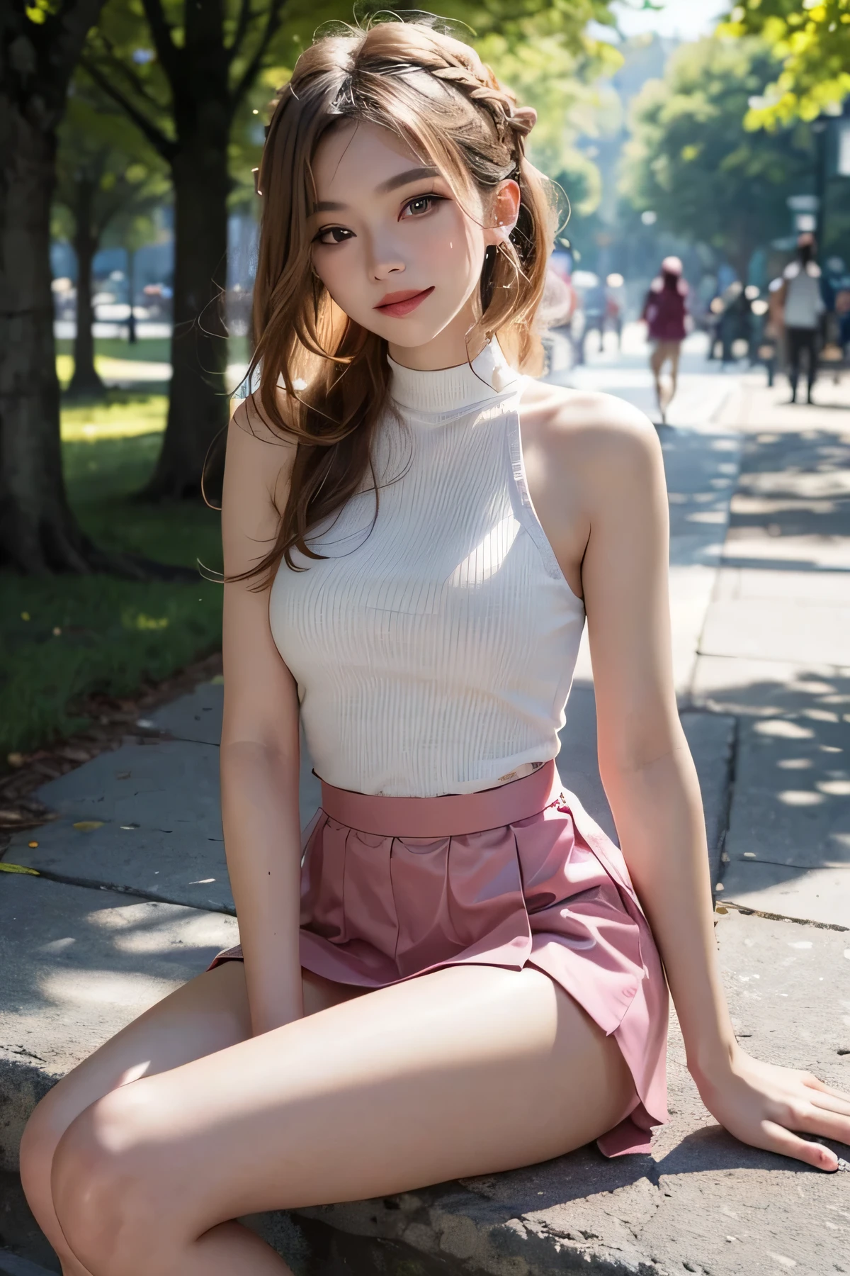 ((Knee shot)), Taken from a random perspective, 22 year old Asian model, thin, Reduce waist, pinch, JK clothes, pink shirt, White pleated skirt, Crooked shoulders, warm light, Warm colors, long legs, Cross your legs., in the park, Take a leisurely walk, warm light, warm color palette, dynamic gesture, Set an elegant example, blonde hair, My hair is streaky., hair accessories, heart shaped student, put on makeup, Smiling softly, shy, licking lips, Romantic, social realism, chiaroscuro, Motion blurred image, Anaglyph, Sony FE GM, UHD, Masterpiece, textured skin, Superb details, best quality