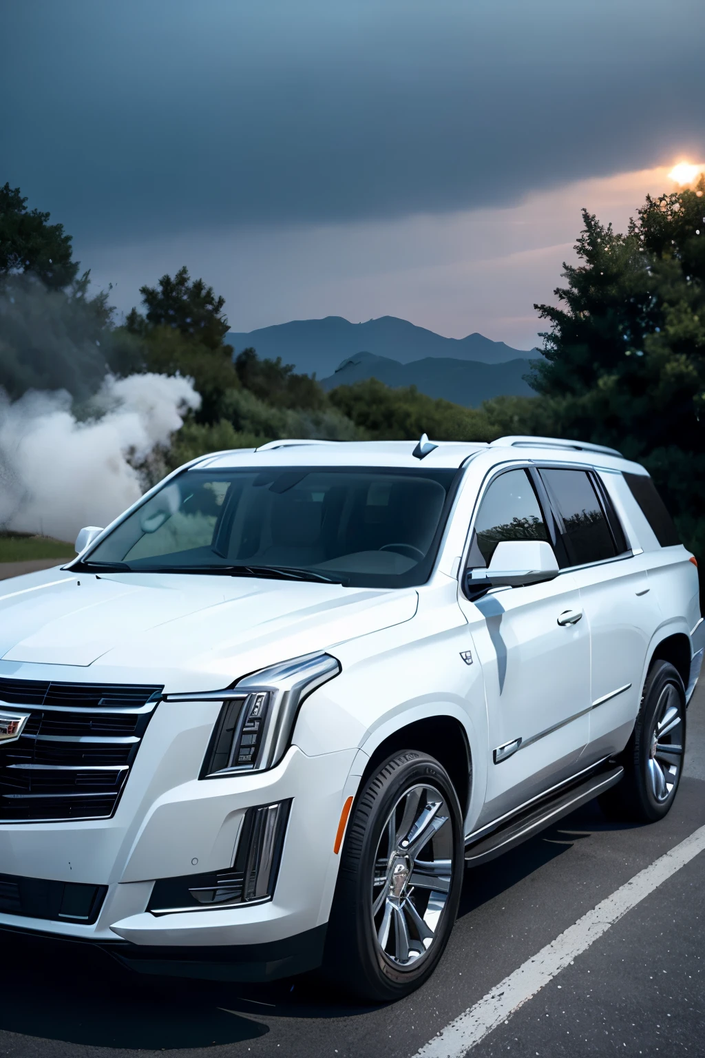 A stunning amateur photograph capturing the essence of a 2024 Cadillac Escalade performing an intricate and captivating drift in a millionaire subdivision. The natural light at night adds a dramatic effect to the scene, with smoke billowing from the tires, creating an ethereal haze. The car's luxurious exterior is illuminated by the glow of the surrounding streetlights. The raw, unedited photography showcases the intricate details and errors that come with real-life action, making the image even more captivating.