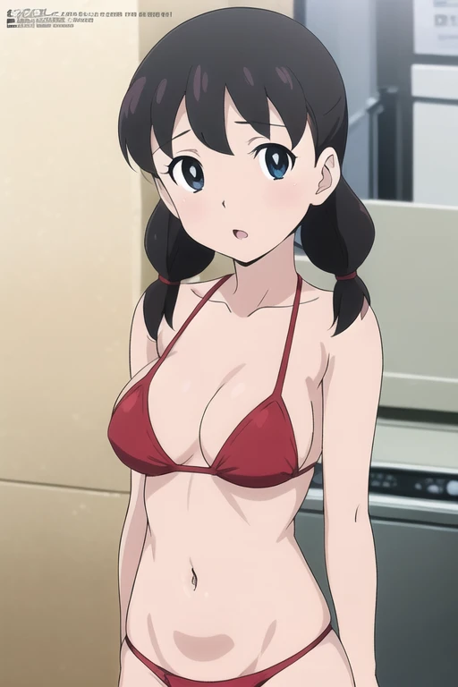 (anime cels style, masterpiece, best quality, high resolution, megami magazine, anime poster style, sharp, 8k), (beautiful eyes:1.2), shizuka minamoto, 1girl, black hair, black eyes, low twin braids, (large breast), (red bikini), looking awey, upper body, standing, (perfect detailed anatomy, beautiful face, perfect body, perfect arms, shiny skin), sunshine, bluesky