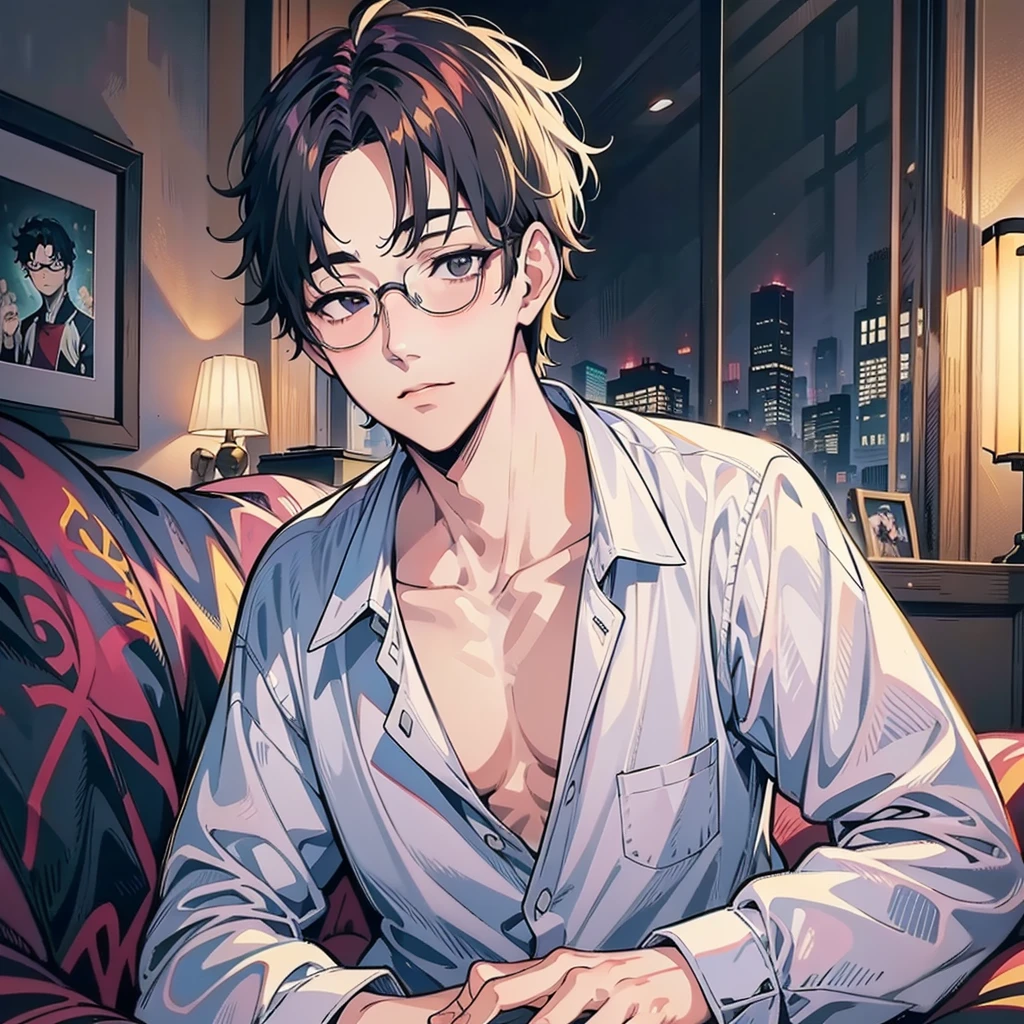 Anime-style illustration of a man in a shirt sitting on a bed, anime handsome man, with glasses, Anime portrait of a handsome man, handsome anime pose,  anime youth, male anime style, with glasses on,  delicate and androgynous prince, beautiful androgynous prince