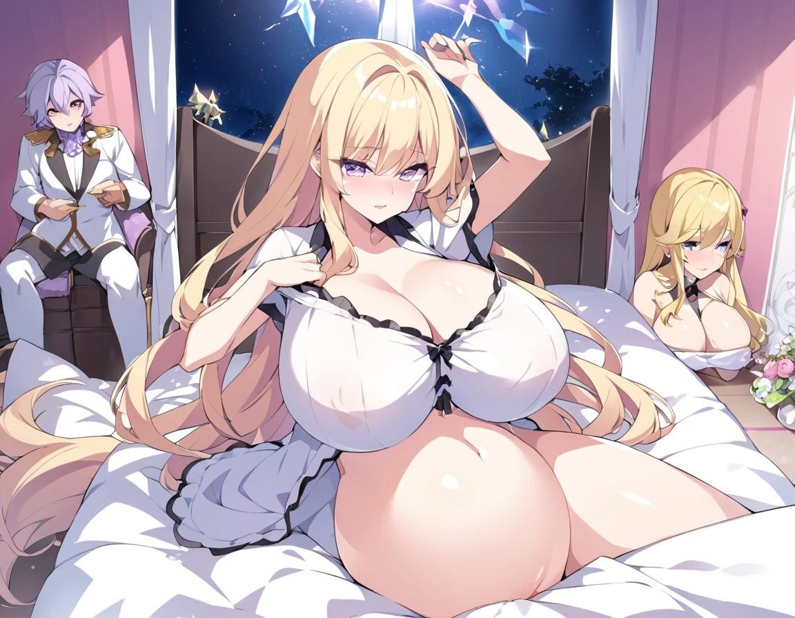 Cristalina, 20 years old, long blonde hair, light lilac eyes, huge breasts, it&#39;s a special day, her mother was pregnant with her younger sister. Meanwhile, Cristalina undresses in front of a nobleman in her crystal room in her bed in the moonlight..re hentai 