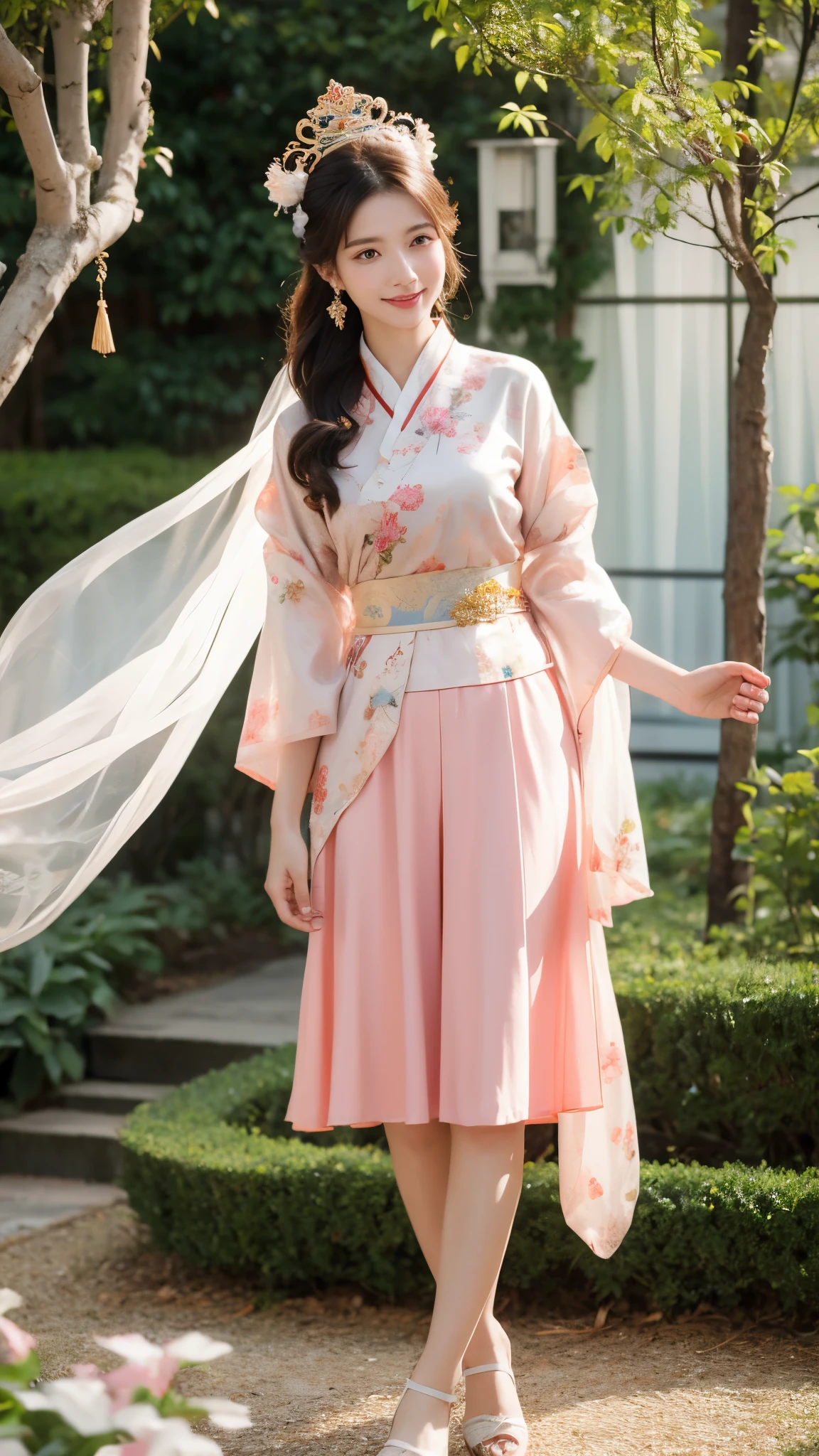 best quality, masterpiece, High resolution, 1 girl, ancient Chinese pink skirt, pretty face, Chinese clothing, Bow tie without original picture, elegant, noble, crown, slim legs, Fairy, hair accessories, alone, looking at the audience, Smile, shut up, lips, skirt, hair accessories, necklace, jewelry, long hair, earrings, architecture, east asian architecture