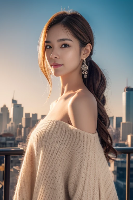 (Super beauty:1.2), modeled, 25 years old, cute face, best smile, Fashion magazine gravure shoot, masterpiece, highest quality, Award-winning work, ((High resolution)), ((Highly detailed CG Unity 8K wallpaper)), great skin, (random hairstyles), perfect body line, slender body, Top brand clothes, autumn outfit, Elegant and stylish atmosphere, fascinating and charming, sexy girl, Stand against the backdrop of the city skyline, Autumn glow