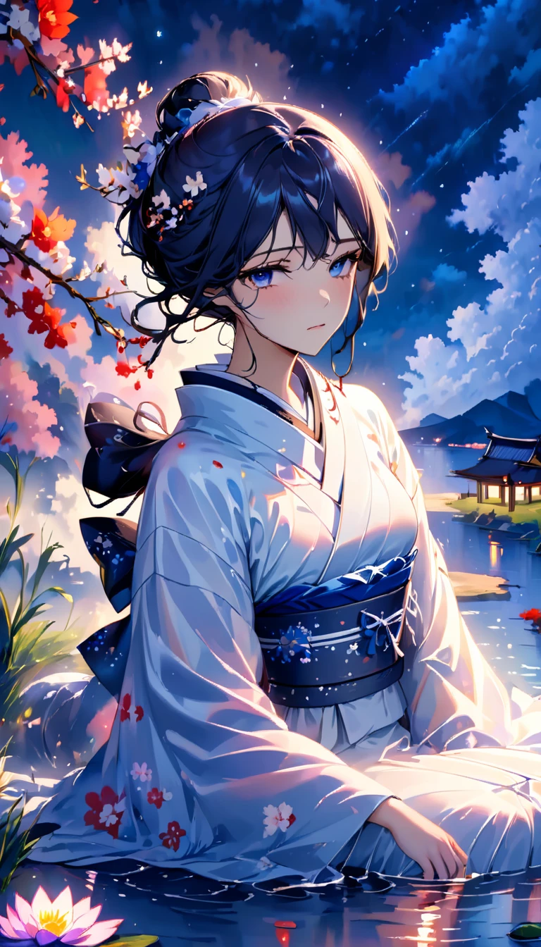 beautiful woman,Full body soaked in water,8head and body,Japanese clothing,night,月night,colorful clouds,star,wet skin,sexy,Sadness,glossy,Sit on the water,water splash on background,Water dripping down my face,Eye color is indigo,take your eyes off