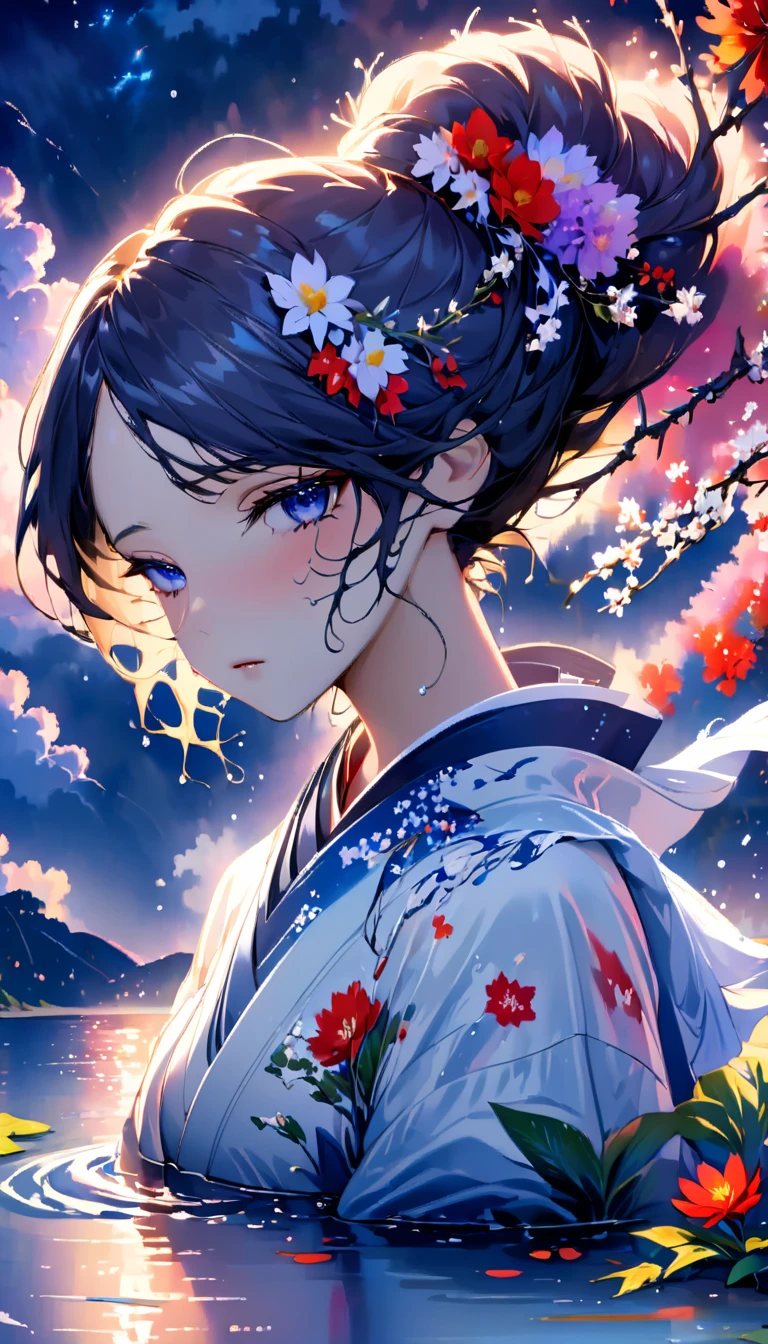 beautiful woman，Full body soaked in water，８head and body，Japanese clothing，night，月night，colorful clouds，star，wet skin，sexy，Sadness，glossy，Sit on the water，water splash on background，Water dripping down my face，Eye color is indigo，take your eyes off