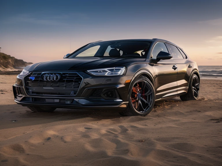 um close de um Audi Suv preto estacionado em uma praia, vehicle photography, fotografia automotiva, editado, fotografia comercial de carro, automatic photography, fotografia de carro, filmado em Canon EOS R5, cinematic front shot, filmado em Canon EOS R5, filmado na hora dourada, Twilight Scenario, plano ultra amplo, ar 9 cinematic filming:16 -n 6 -g