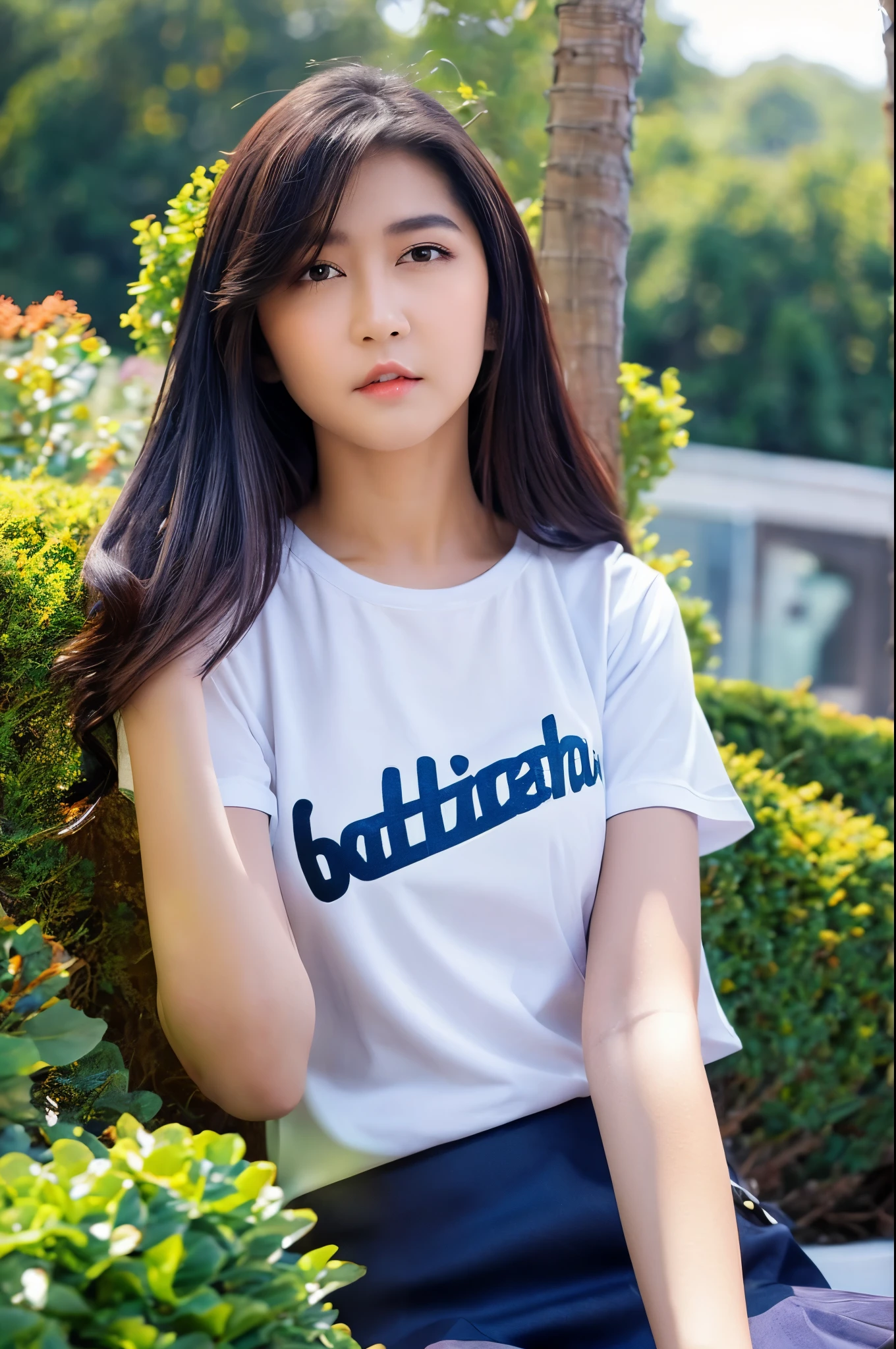 8k,Japanese,10 years old,Innocent face,Teenage Girl,cute,mini skirt,Casual wear,Sitting,Black Hair,garden,Hair Clip、Light clothing、soaked、Cheerleader、cute、High exposure、Spreading her legs wide、See-through fashionable clothes、Show pants