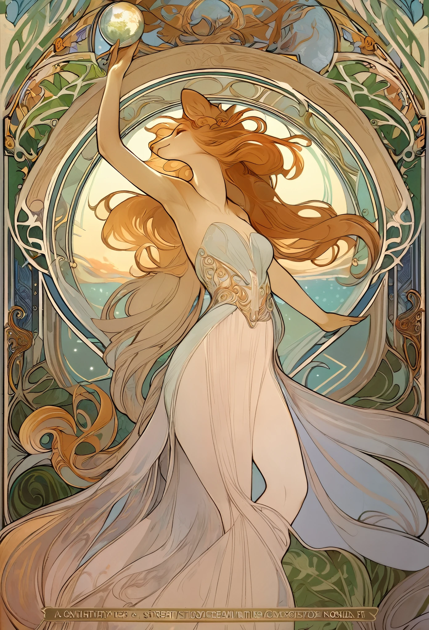 cover page, highres, top quality, best quality, paid reward available, unparalleled masterpiece, perfect artwork, absurdres, High-quality illustrations by Alphonse Mucha, art nouveau, Delicate and elegant linework, flowing hair, Flowing Dresses, Curvilinear lines, Decoration with plant motifs, Geometric decoration, Poetic atmosphere, Rich colors, Dreamy, mystical, Tarot Card(In the forest where the stream flows, Backlighting)perfect anatomy(Furry, Solo focus, Dress, Long Globe)(furry anthro:1.7)((8furry body, Facial features of animals, Features of the animal's body)))All over body, Archaic Smile (portrait),