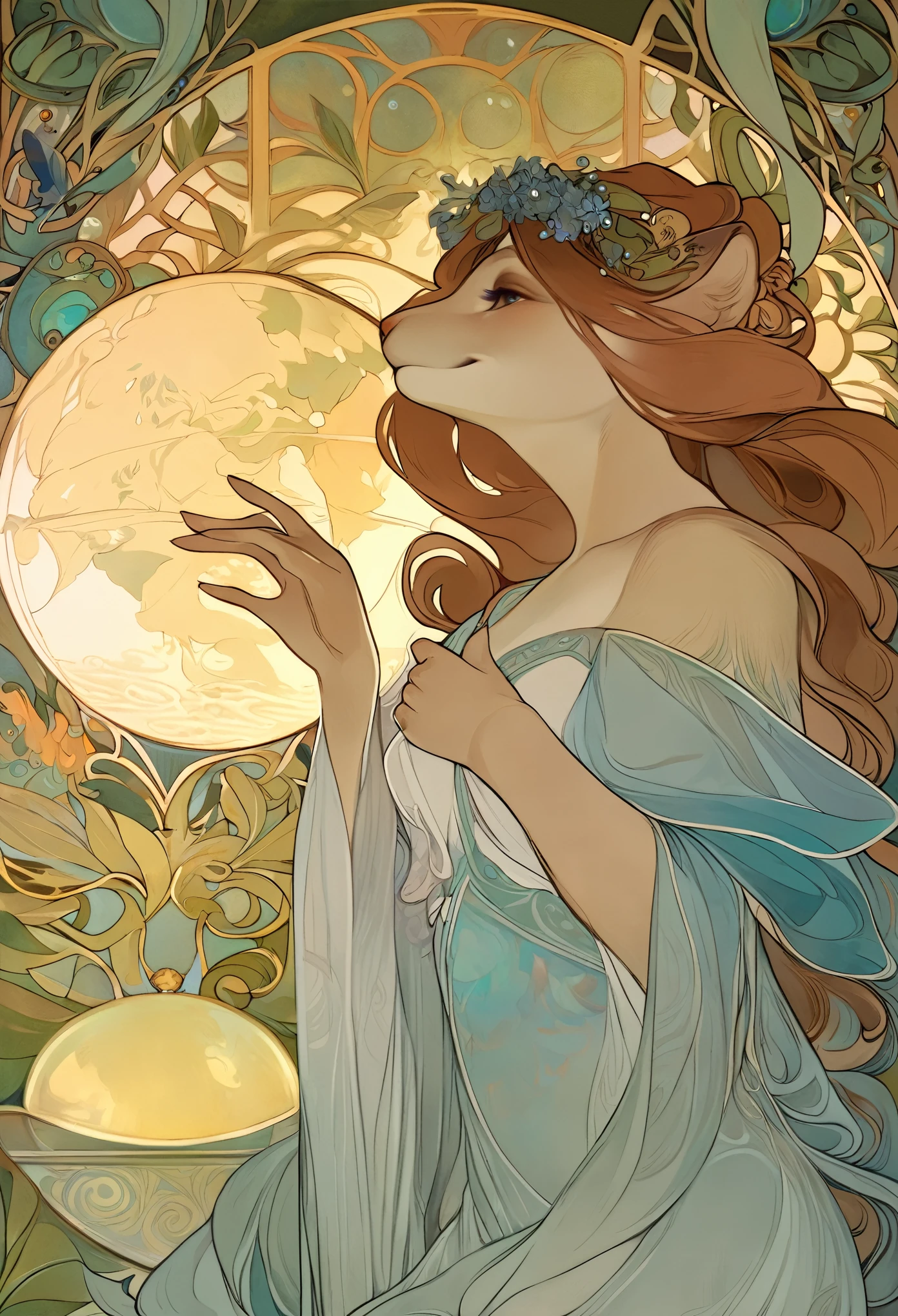 cover page, highres, top quality, best quality, paid reward available, unparalleled masterpiece, perfect artwork, absurdres, High-quality illustrations by Alphonse Mucha, art nouveau, Delicate and elegant linework, flowing hair, Flowing Dresses, Curvilinear lines, Decoration with plant motifs, Geometric decoration, Poetic atmosphere, Rich colors, Dreamy, mystical, Tarot Card(In the forest where the stream flows, Backlighting)perfect anatomy(Furry, Solo focus, Dress, Long Globe)(furry anthro:1.7)((8furry body, Facial features of animals, Features of the animal's body)))All over body, Archaic Smile (portrait),