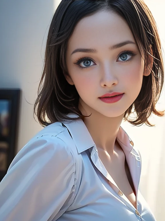 (best quality, 8k, highres, photorealistic:2.0), (solo, one girl:2.0),(photo taken using flash:1.9),(brighten the subject:1.8),(ultimate beautiful girl:2.0),(shiny skin),(oily skin),(blonde hair:1.7),(short hairstyle:1.5),(cool beauty:2.0),Blush brown makeup , dark eye makeup , use pink glossy lipstick,(big beady eyes girl:1.5),(droopy-eyes girl:1.5),(blue eyes:1.5),(thin girl:1.5),(baby face girl),(sex appeal),(sweet smelling girl),(Photographed at the Museum of Modern Art:1.8),(A girl who works part-time at an art museum:1.3),(she works for low wages:1.5),(kind-hearted woman:1.5),(she has a nice smile:1.3),(woman with a happy look:1.3),(she is very sociable),(from a very poor family:1.5),(virgin girl),(She is a secret pervert.),(she covertly lewd),(she looks so erotic),(Preserve virginity for devout Christians),chuuChloe,(A woman with very soft breasts),(woman fantasizing about sex),(allurement),(I love masturbating),(impressive eyes:1.5),(clean girl),(affability),(tight dress shirt),(cute smile)
