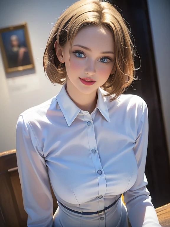 (best quality, 8k, highres, photorealistic:2.0), (solo, one girl:2.0),(photo taken using flash:1.9),(brighten the subject:1.8),(ultimate beautiful girl:2.0),(shiny skin),(oily skin),(blonde hair:1.7),(short hairstyle:1.5),(cool beauty:2.0),Blush brown makeup , dark eye makeup , use pink glossy lipstick,(big beady eyes girl:1.5),(droopy-eyes girl:1.5),(blue eyes:1.5),(thin girl:1.5),(baby face girl),(sex appeal),(sweet smelling girl),(Photographed at the Museum of Modern Art:1.8),(A girl who works part-time at an art museum:1.3),(she works for low wages:1.5),(kind-hearted woman:1.5),(she has a nice smile:1.3),(woman with a happy look:1.3),(she is very sociable),(from a very poor family:1.5),(virgin girl),(She is a secret pervert.),(she covertly lewd),(she looks so erotic),(Preserve virginity for devout Christians),chuuChloe,(A woman with very soft breasts),(woman fantasizing about sex),(allurement),(I love masturbating),(impressive eyes:1.5),(clean girl),(affability),(tight dress shirt),(cute smile)
