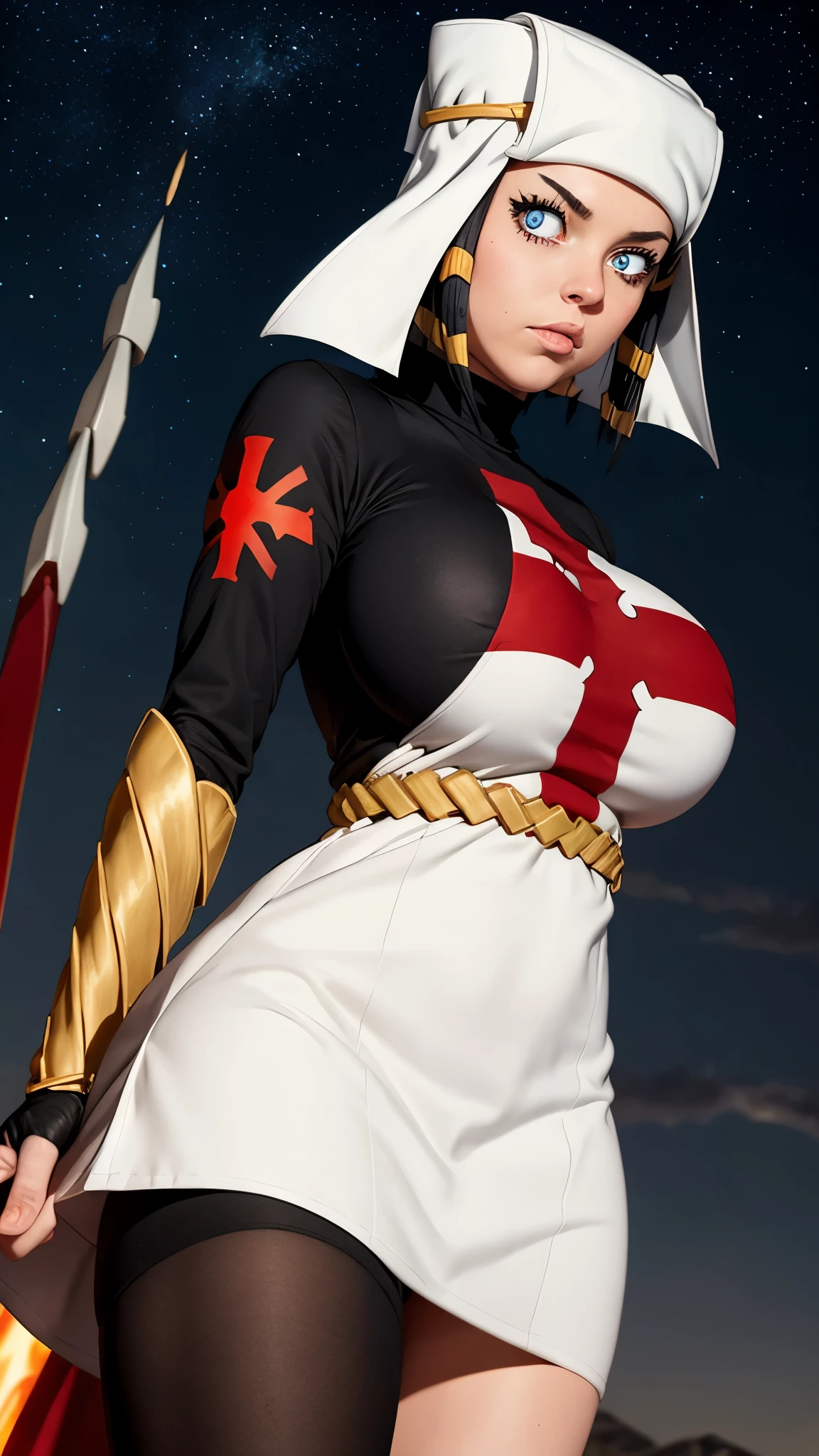 Arrow, Fire Force, masterpiece, best quality,  ffarrow, symbol-shaped pupils, white headwear, red and white dress, long black sleeves, black pantyhose, fingerless gloves, vambraces, large breasts, cowboy shot, from below, night sky, glowing eyes