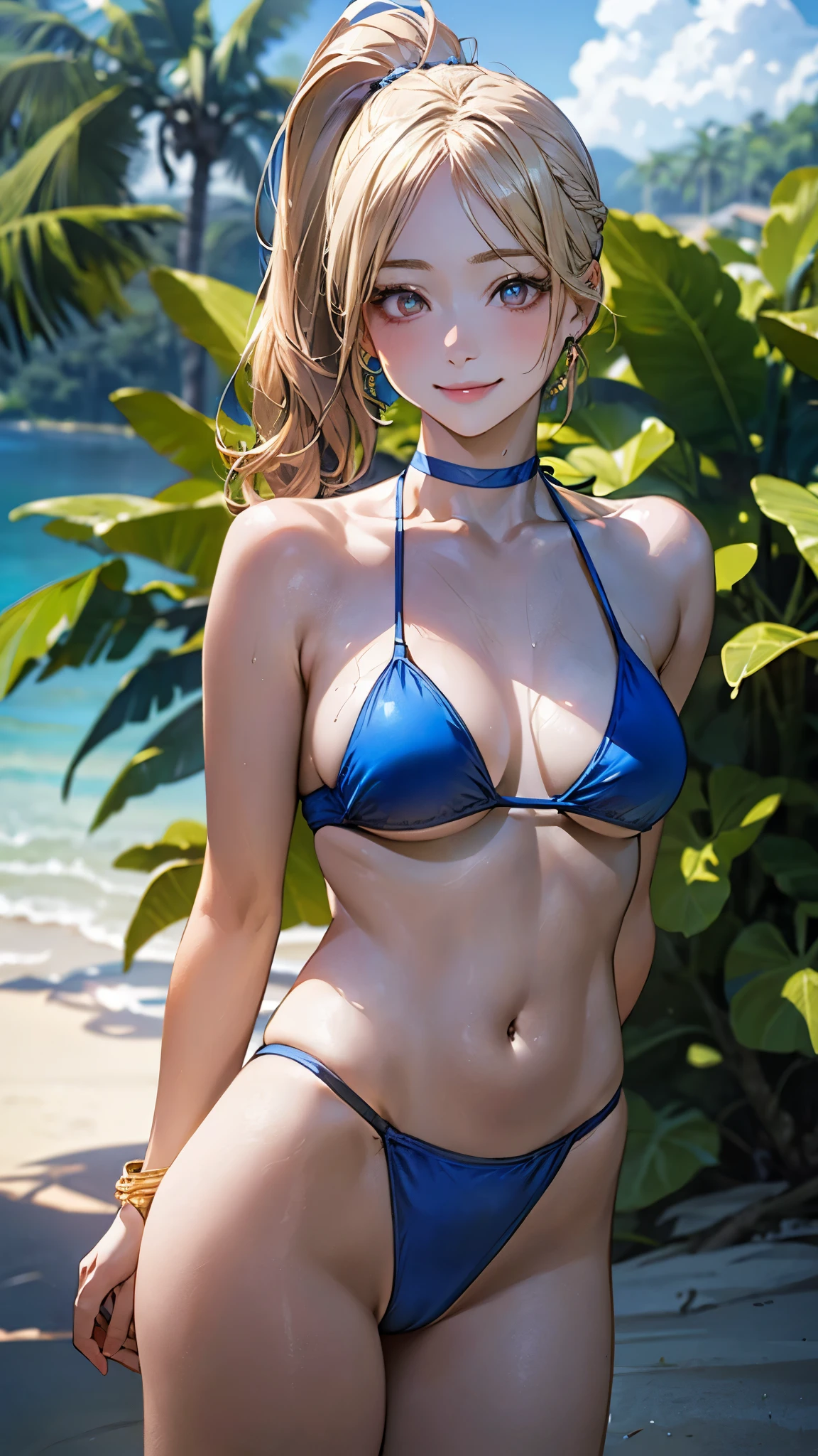 (masterpiece:1.2, top-quality), (realistic, photorealistic:1.4), beautiful illustration, (natural side lighting, movie lighting), nsfw:1.2,
looking at viewer, cowboy shot, 1 girl, japanese, gravure Idol, high school girl, perfect face, cute and symmetrical face, suntan, shiny skin, slender,
(short hair:1.2, side ponytail:1.2, blonde hair), parted bangs, gold eyes, long eye lasher, (large breasts:0.6),
beautiful hair, beautiful face, beautiful detailed eyes, beautiful clavicle, beautiful body, beautiful chest, beautiful thigh, beautiful legs, beautiful fingers,
((blue bikini), blue choker, wrist chakra),
(beautiful scenery), tropical beaches, (arms behind back,), (lovely smile, upper eyes),
