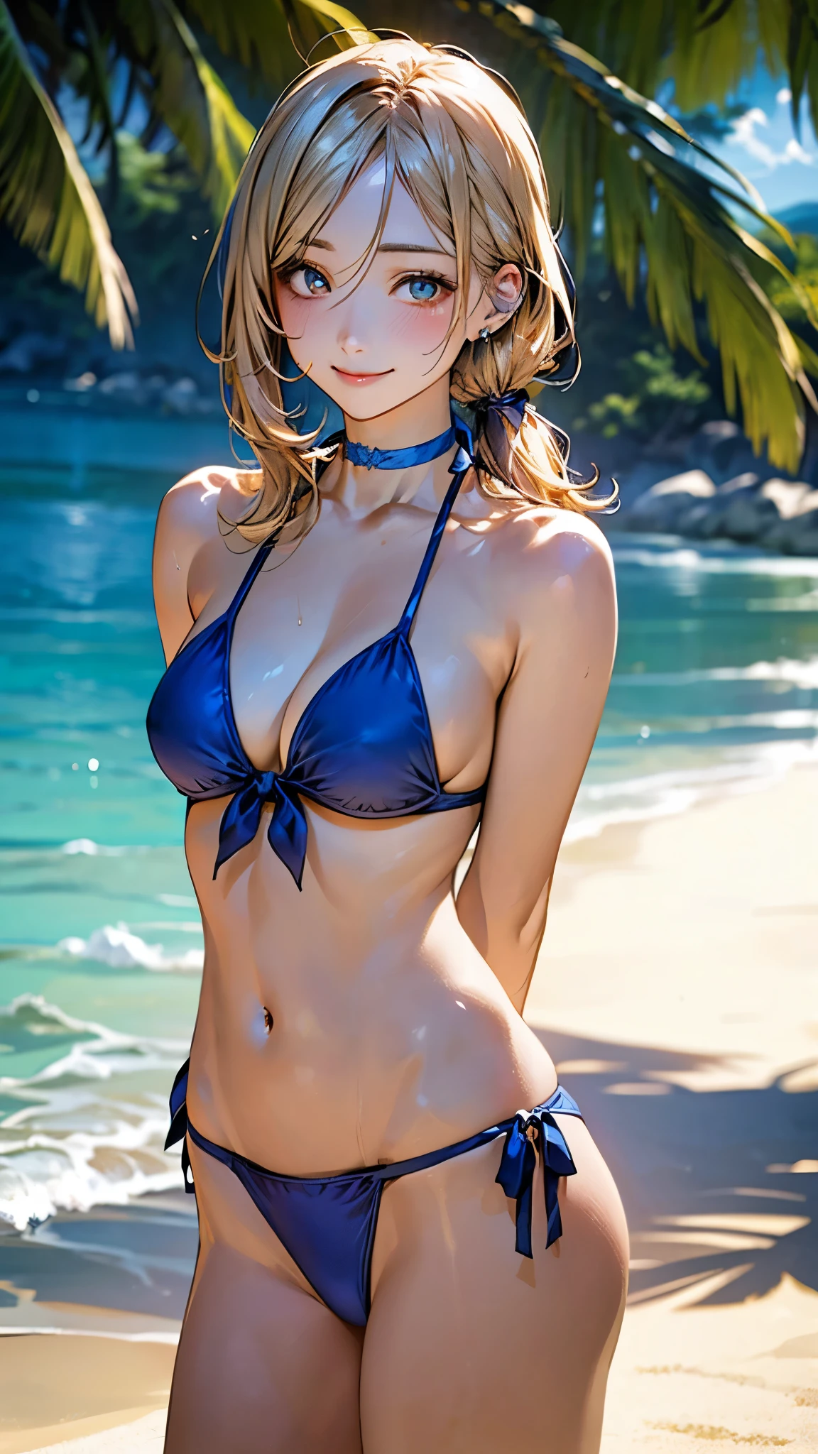 (masterpiece:1.2, top-quality), (realistic, photorealistic:1.4), beautiful illustration, (natural side lighting, movie lighting), nsfw:1.2, 
looking at viewer, cowboy shot, 1 girl, japanese, gravure Idol, high school girl, perfect face, cute and symmetrical face, suntan, shiny skin, slender, 
(short hair:1.2, side ponytail:1.2, blonde hair), parted bangs, gold eyes, long eye lasher, (large breasts:0.6), 
beautiful hair, beautiful face, beautiful detailed eyes, beautiful clavicle, beautiful body, beautiful chest, beautiful thigh, beautiful legs, beautiful fingers, 
((blue bikini), blue choker, wrist chakra), 
(beautiful scenery), tropical beaches, (arms behind back,), (lovely smile, upper eyes),