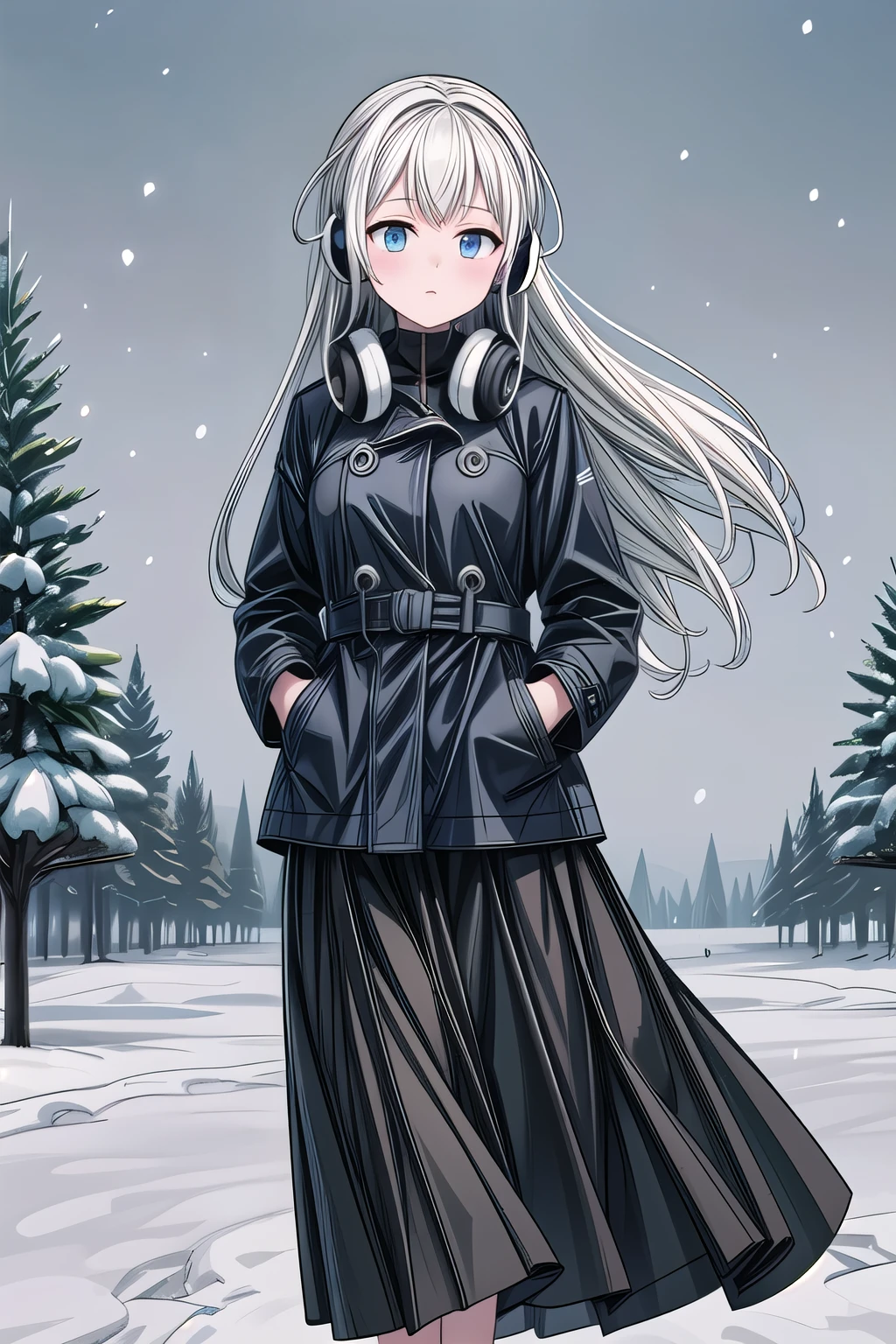 The work itself,solo girl, 18 years old,long hair, white hair, blue eyes, medium sized breast,,black coat, Put on the headphones. ,maxi skirt ,outdoor, winter,snow, best quality, high resolution, very detailed, Detailed background, perfect light