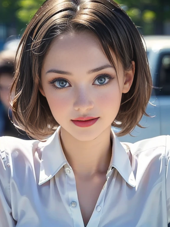 (best quality, 8k, highres, photorealistic:2.0), (solo, one girl:2.0),(photo taken using flash:1.9),(brighten the subject:1.8),(ultimate beautiful girl:2.0),(shiny skin),(oily skin),(blonde hair:1.7),(short hairstyle:1.5),(cool beauty:2.0),Blush brown makeup , dark eye makeup , use pink glossy lipstick,(big beady eyes girl:1.5),(droopy-eyes girl:1.5),(blue eyes:1.5),(thin girl:1.5),(baby face girl),(sex appeal),(sweet smelling girl),(Photographed at the Museum of Modern Art:1.8),(A girl who works part-time at an art museum:1.3),(she works for low wages:1.5),(kind-hearted woman:1.5),(she has a nice smile:1.3),(woman with a happy look:1.3),(she is very sociable),(from a very poor family:1.5),(virgin girl),(She is a secret pervert.),(she covertly lewd),(she looks so erotic),(Preserve virginity for devout Christians),chuuChloe,(A woman with very soft breasts),(woman fantasizing about sex),(allurement),(I love masturbating),(impressive eyes:1.5),(clean girl),(affability),(tight dress shirt),(cute smile)