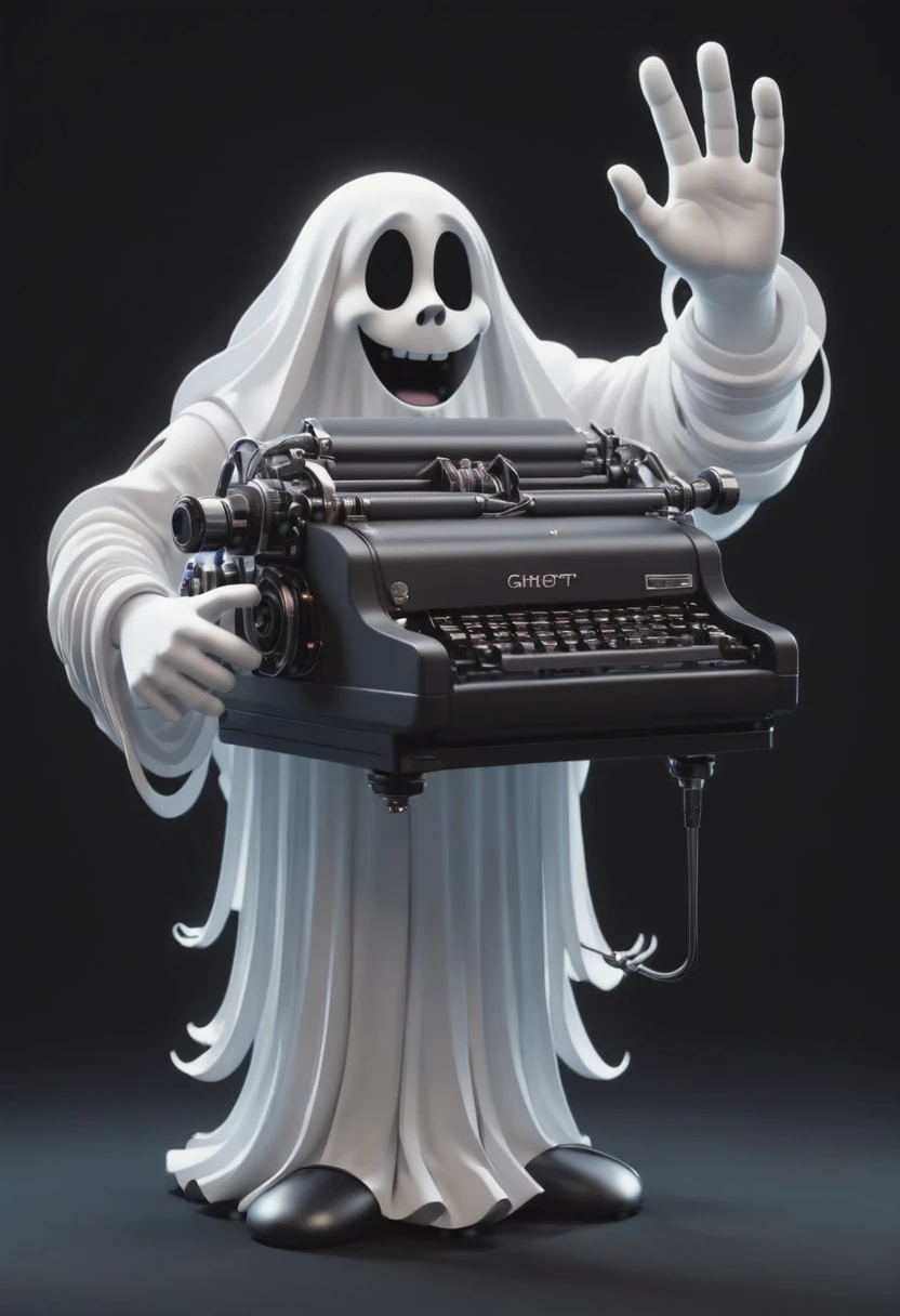 3d cartoon style ghost-typewriter that embodies the word 'ghostwriter'. Ghost is an integral part of the machine, its body weaving into the platen like a piece of paper. Its long arms are lowered to reach around so its fingers are poised over the keys about to tap out a ghostly tale. Dark background 