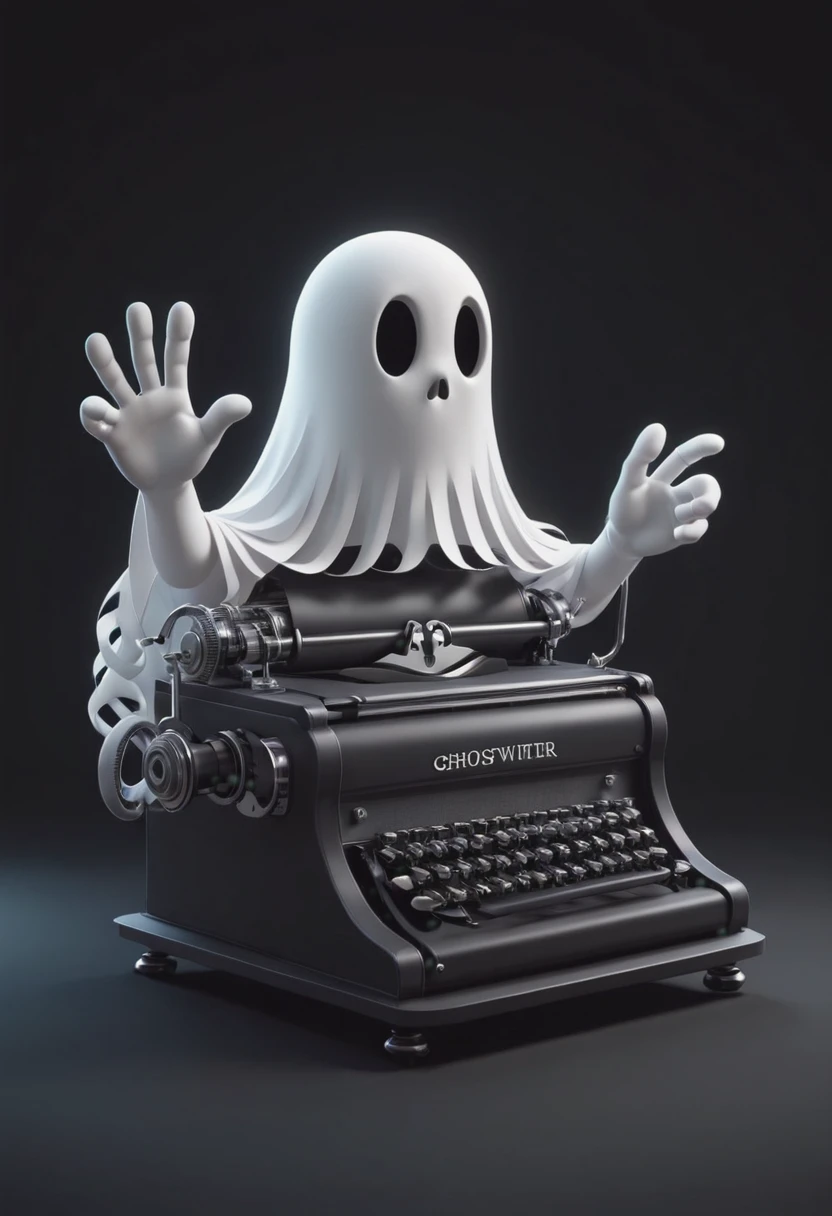 3d cartoon style ghost-typewriter that embodies the word 'ghostwriter'. Ghost is an integral part of the machine, its body weaving into the platen like a piece of paper. Its long arms are lowered to reach around so its fingers are poised over the keys about to tap out a ghostly tale. Dark background 