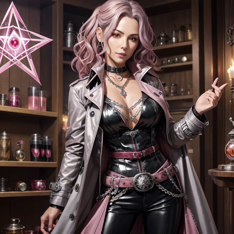 40 year old woman short gray wavy hair with pink highlights silver steampunk trench coat with red diamond necklace with bracelet with gems belt with silver pentagram buckle with a red gem in the center black fingerless glove holding a gem with written runes floating pants black latex in the background of a potion shop
