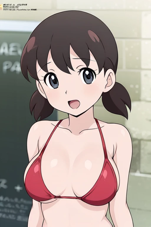 (anime cels style, masterpiece, best quality, high resolution, megami magazine, anime poster style, sharp, 8k), (beautiful eyes:1.2), shizuka minamoto, 1girl, black hair, black eyes, low twin braids, (large breast), (red bikini), looking awey, upper body, standing, (perfect detailed anatomy, beautiful face, perfect body, perfect arms, shiny skin), sunshine, bluesky