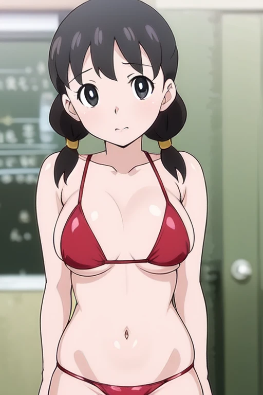 (anime cels style, masterpiece, best quality, high resolution, megami magazine, anime poster style, sharp, 8k), (beautiful eyes:1.2), shizuka minamoto, 1girl, black hair, black eyes, low twin braids, (large breast), (red bikini), looking awey, upper body, standing, (perfect detailed anatomy, beautiful face, perfect body, perfect arms, shiny skin), sunshine, bluesky