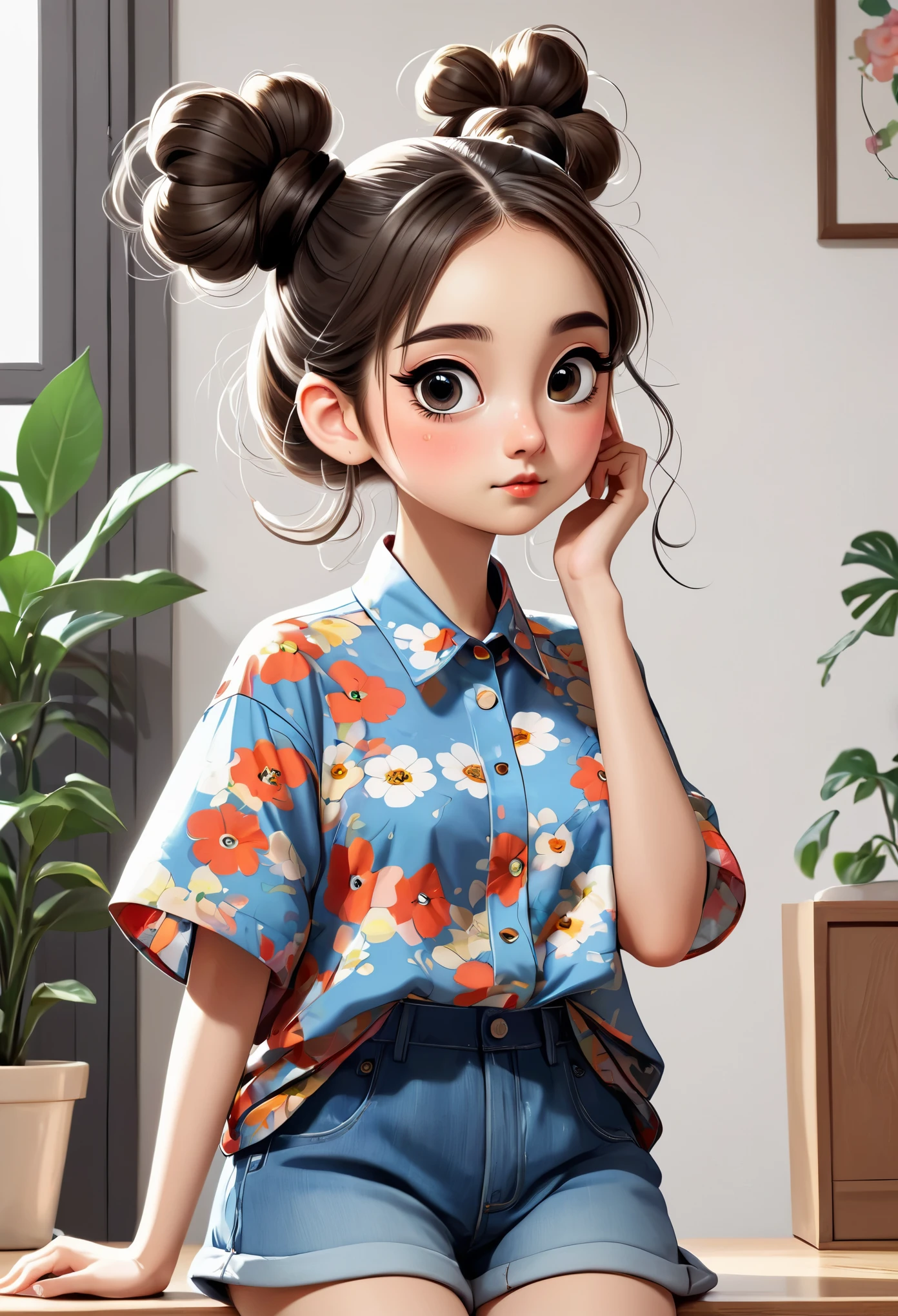 (masterpiece, best quality:1.2), cartoonish character design。1 girl, alone,big eyes,Cute expression,Two hair buns,Floral shirt,work clothes,white sneakers,stand,interesting,interesting,Clean lines