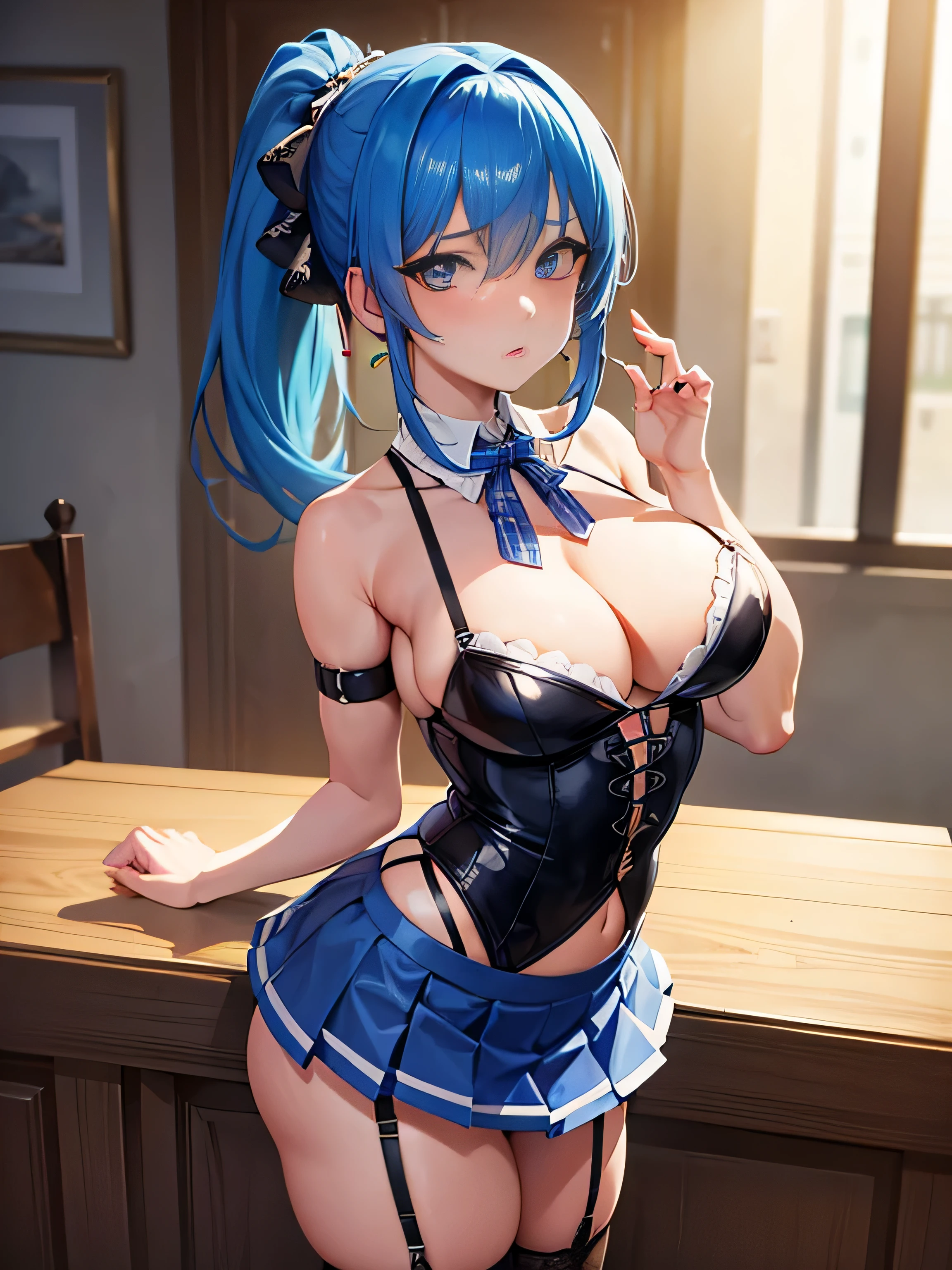 (masterpiece), best quality, expressive eyes, perfect face 1 hot anime girl, BLUE ponytail hair with skirt, Fishnet Sexy Garter Belt, big chest, nice ass, 8k