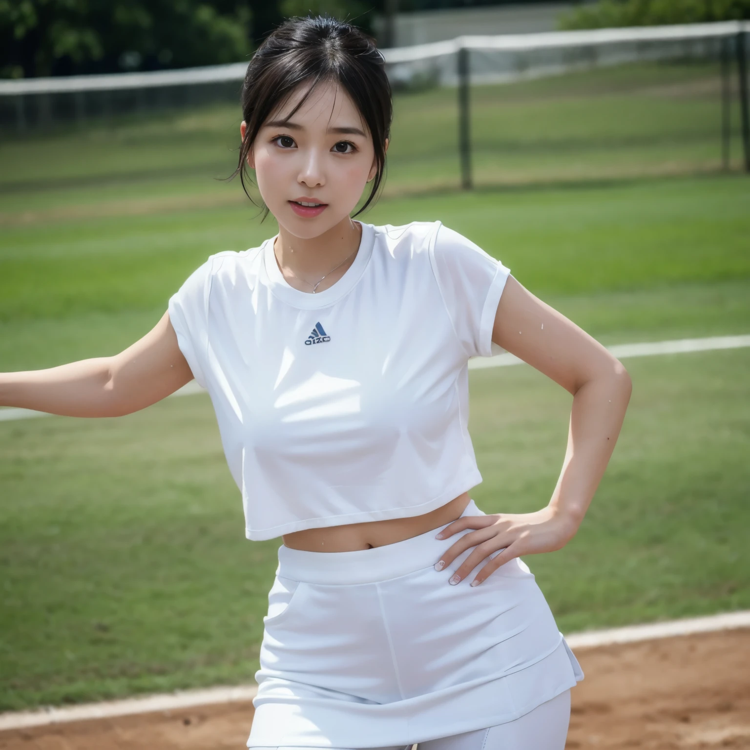 1 beautiful girl, alone, white sneakers, tennis wear, white mini skirt, masterpiece, highest quality, realistic, very detailed, (shiny skin, sweaty:1.4), absurd, looking at the viewer, short black hair, brown eyes, thin, dynamic lighting, High resolution, sharp focus, written boundary depth, fine eyes, sharp pupils, (thick thighs:1.0), outdoor, half open mouth、anatomically correct body