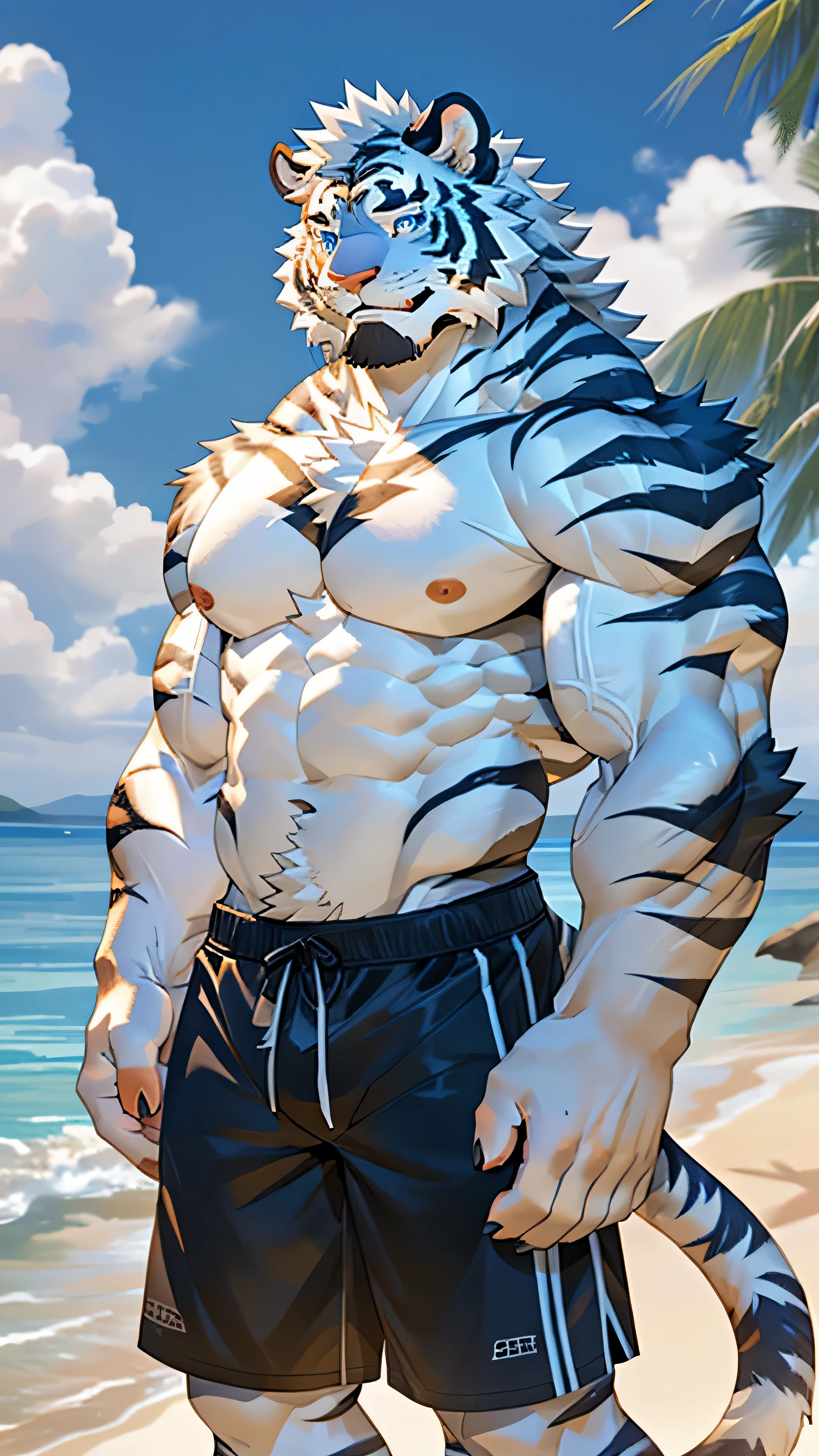 Masterpiece, Solo, Furry Black White Tiger, Blue Eyes, Medium Black Hair, Medium Black Facial Hair, Muscular Body, Cool Pose, Handsome, Good Looking, Adult, Fierce, Smirking mouth open, shirtless, beach pants, summer background.