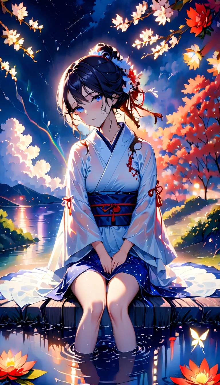beautiful woman，Full body soaked in water，８head and body，Japanese clothing，night，月night，The clouds are rainbow-colored，Fine stars，wet skin，sexy，Sadness，glossy，Sit on the water，water splash on background，water dripping，Eye color is indigo，take your eyes off，firefly light