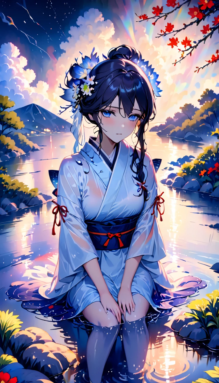 beautiful woman,Full body soaked in water,8head and body,Japanese clothing,night,月night,The clouds are rainbow-colored,Fine stars,wet skin,sexy,Sadness,glossy,Sit on the water,water splash on background,water dripping,Eye color is indigo,take your eyes off,firefly light