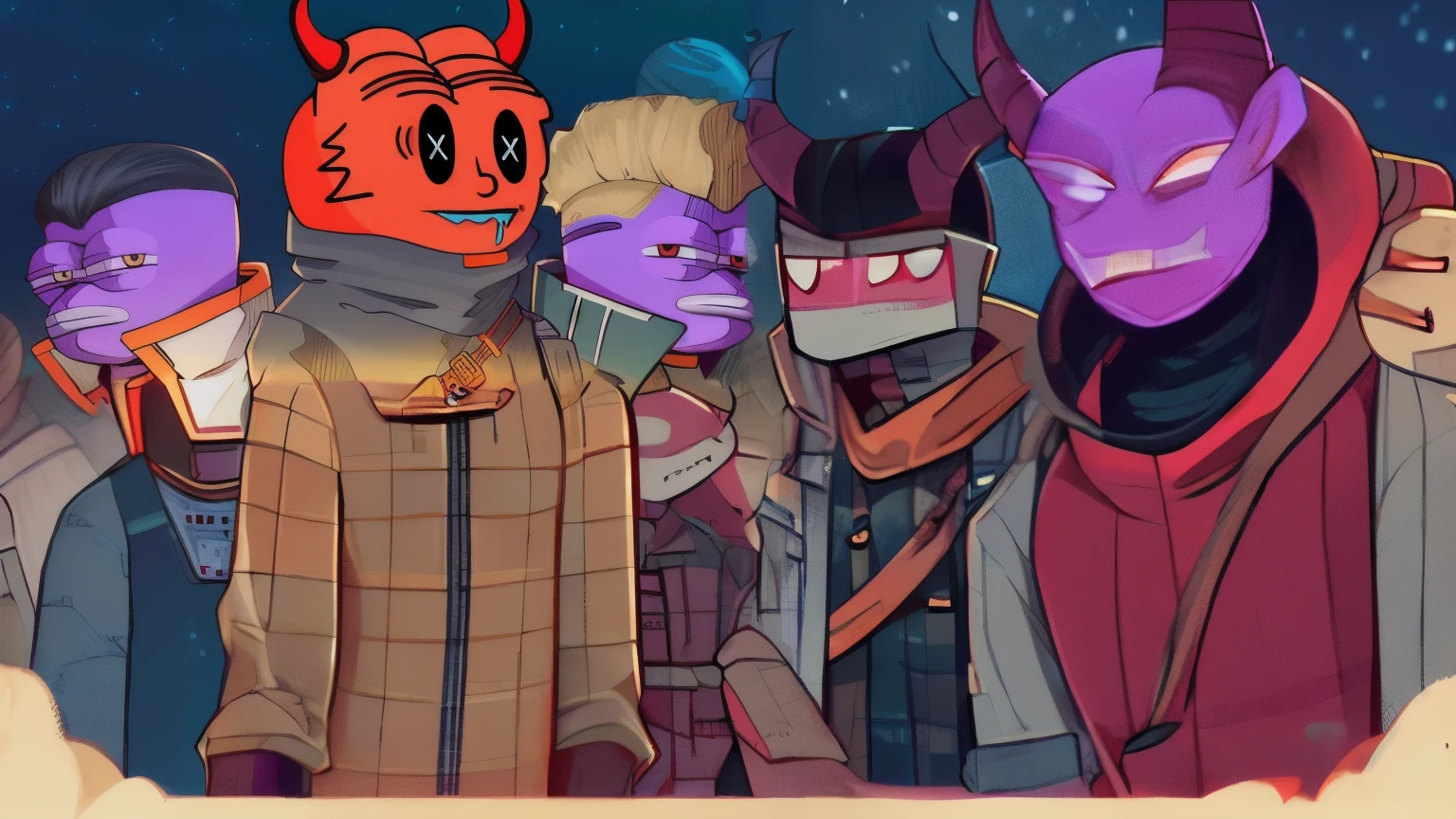 cartoon of a group of people with horns and horns on their heads, an evil alien astronaut, profile picture 1024px, among us crewmate, among us imposter, creepy astronaut, hylics artwork, discord profile picture, among us impostor, trending on itch. io, among us character, space horror, fortnite art style, official fanart