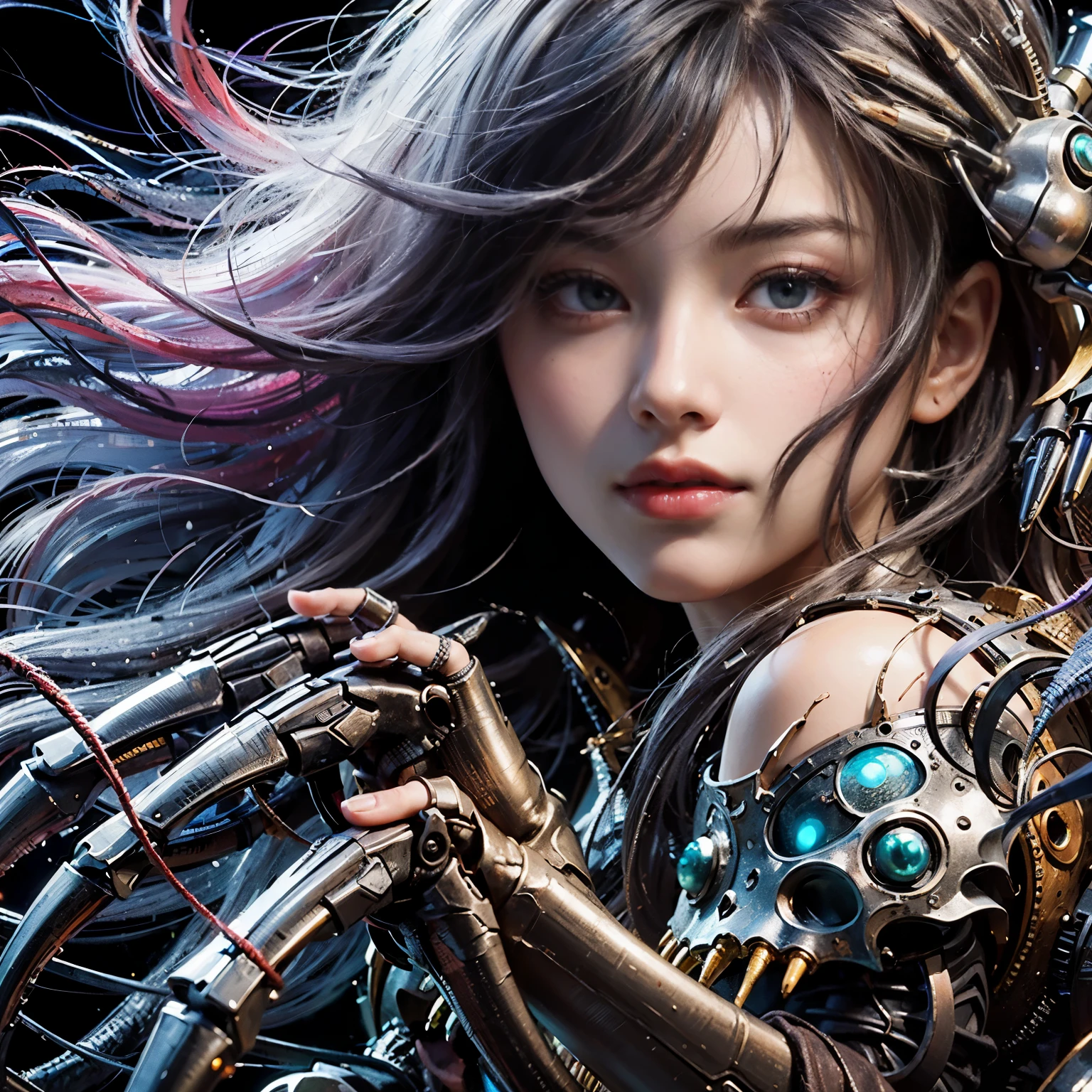(best quality,ultra-detailed,realistic,masterpiece:1.2),girl with beautiful detailed eyes and lips in the upper body, body of a spider in the lower body, wings of a bat, partially mechanical elements, 16 years old, vibrant colors, detailed rendering of the girl's hair flowing in the wind, realistic textures on the spider body, surreal lighting highlighting the mechanical parts, haunting atmosphere, dark and mysterious background