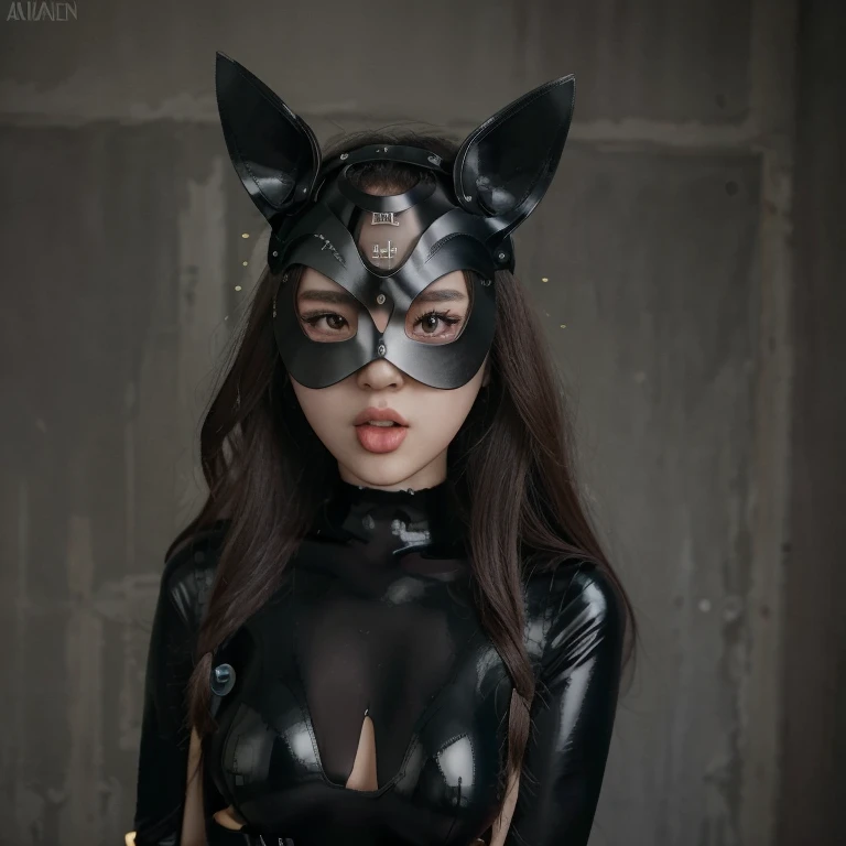 Korean teen girl. Cute . Latex catsuit with cape and gloves. wearing masquerade mask. Ahegao
