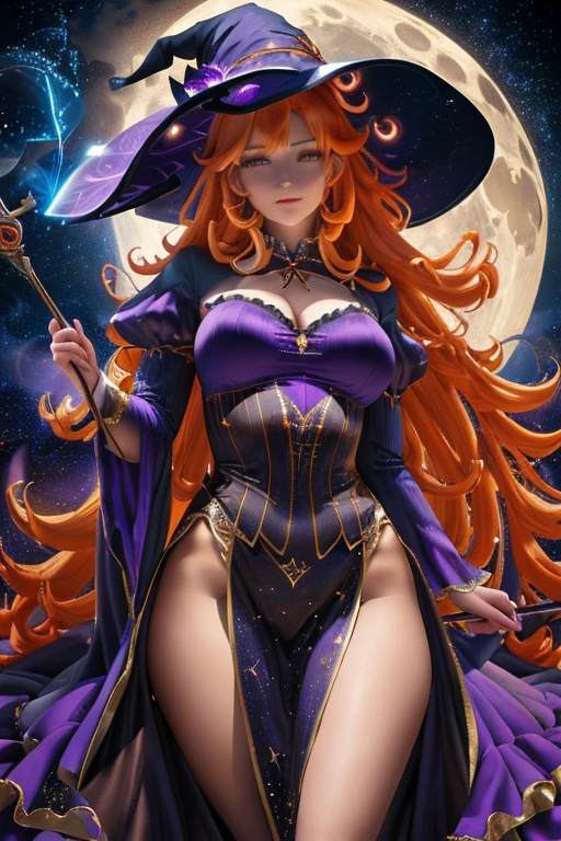 (a witch),(best quality,4k,8k,highres,masterpiece:1.2),ultra-detailed,(photorealistic:1.37),sexy pose,sexy dress,long wavy hair,pointy hat with stars,glowing magical staff,intense gaze,smoky atmosphere,floating mystic symbols,nighttime forest,full moon,orange and purple color palette,magical aura,spellbinding power