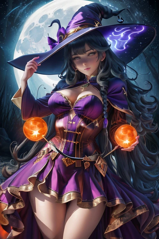 (a witch),(best quality,4k,8k,highres,masterpiece:1.2),ultra-detailed,(photorealistic:1.37),sexy pose,sexy dress,long wavy hair,pointy hat with stars,glowing magical staff,intense gaze,smoky atmosphere,floating mystic symbols,nighttime forest,full moon,orange and purple color palette,magical aura,spellbinding power