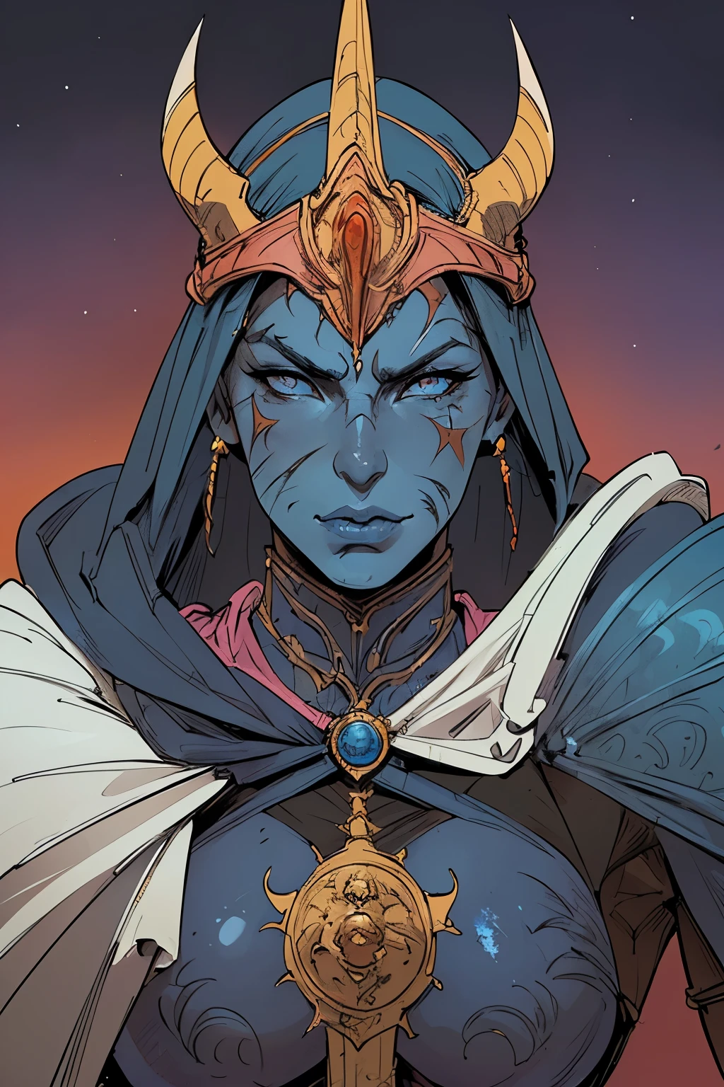 woman crusader, detailed vibrant armor, ((elegant headdress over hood)), blue skin, ((scars around mouth)), fantasy, SCI-FI, muscular, (((androgynous face))), in the style of     Jean Giraud,