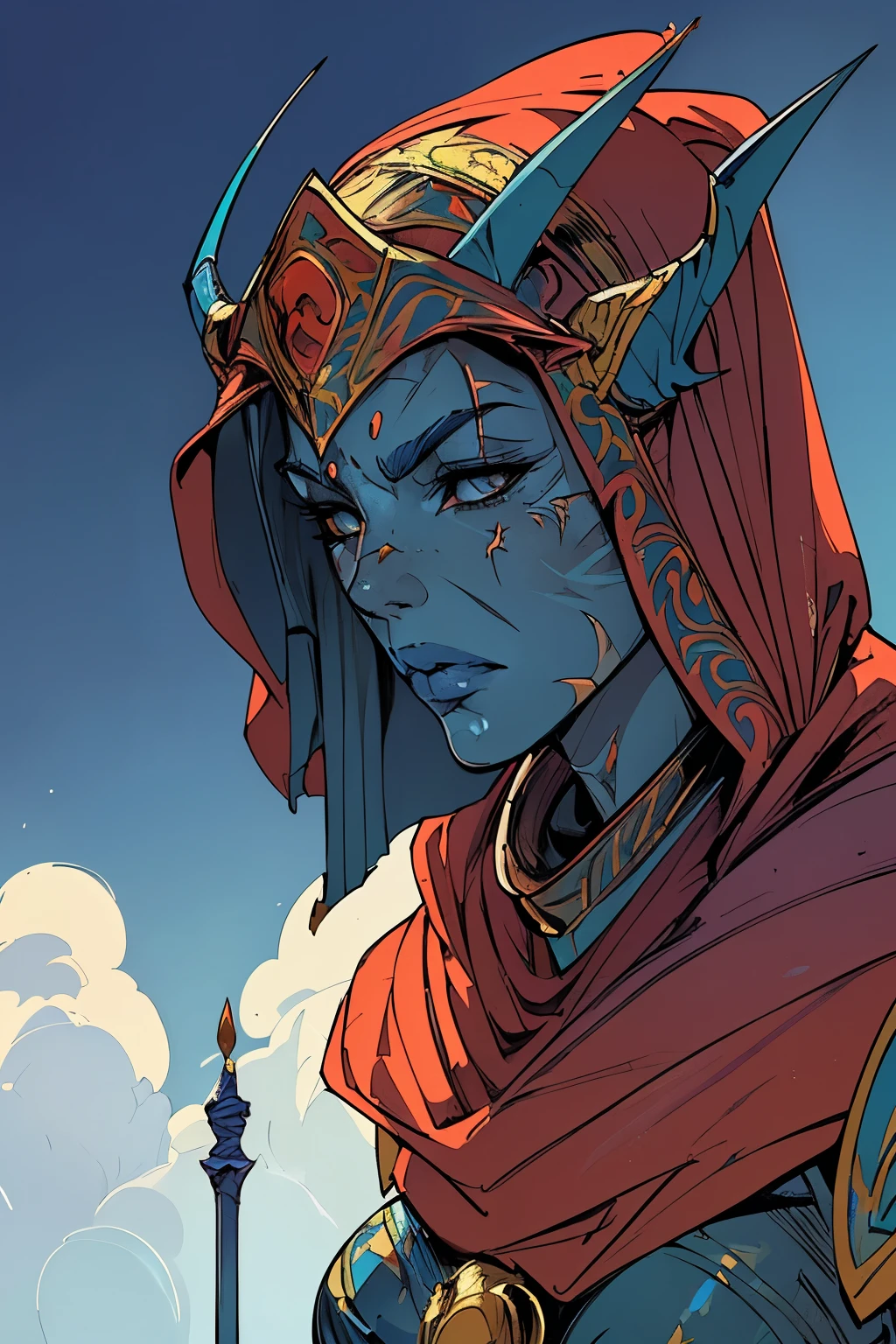 woman crusader, detailed vibrant armor, ((elegant headdress over hood)), blue skin, ((scars around mouth)), fantasy, SCI-FI, muscular, (((androgynous face))), in the style of     Jean Giraud,